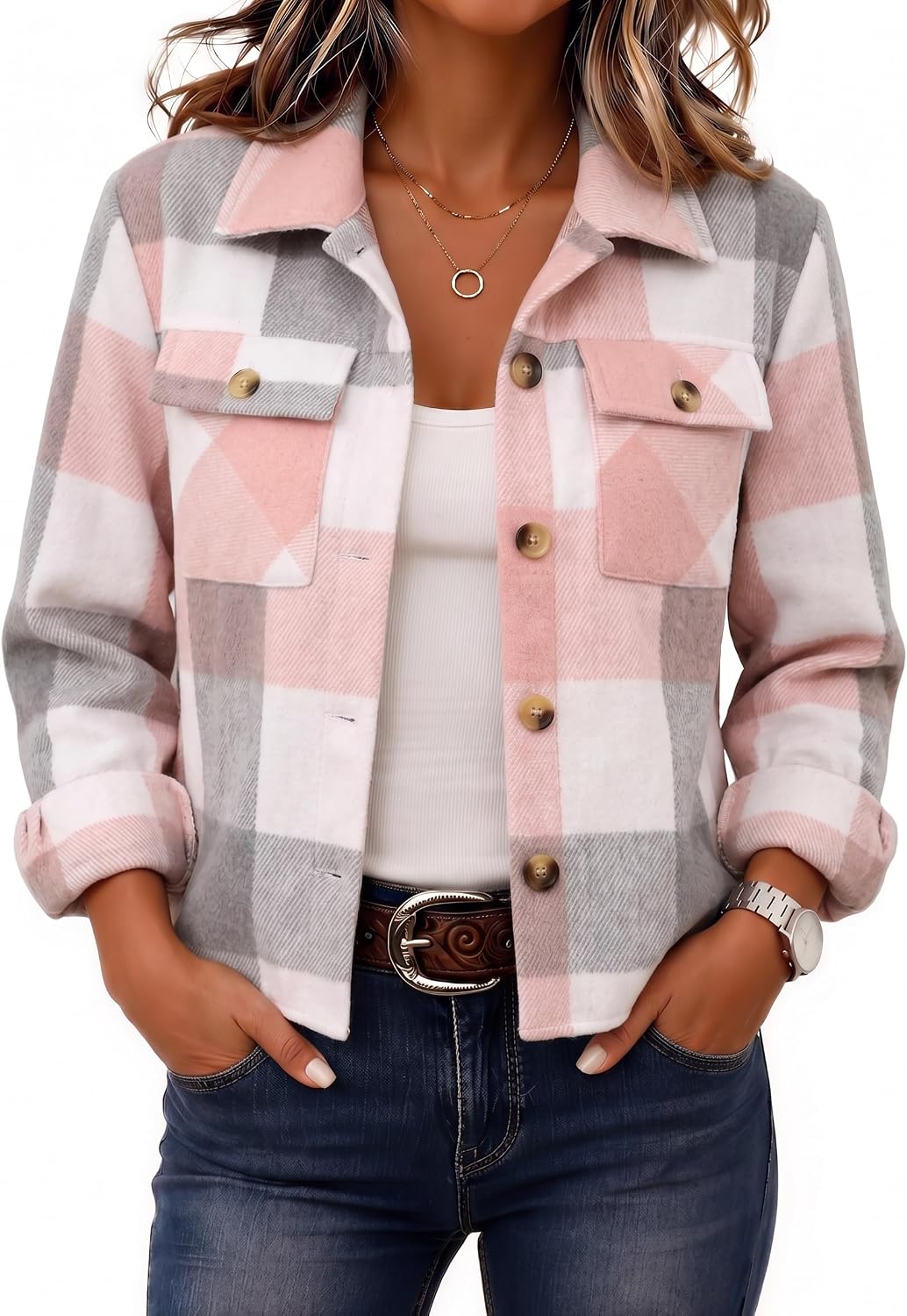 Women's Cropped Plaid Flannel Shacket - Button Down Shirt Jacket for Fall and Winter Layering - Medium
