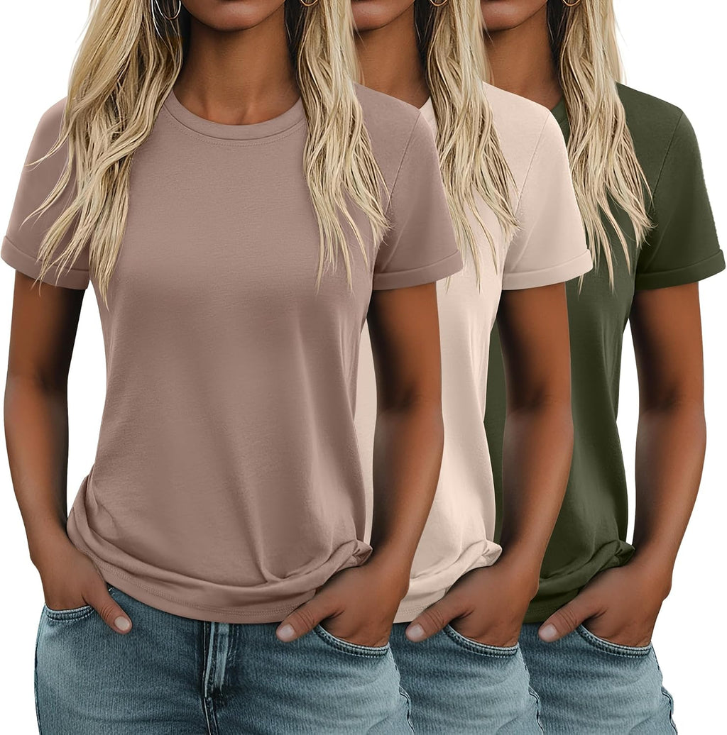 Women's Cotton Basic Tees 3 Pack - Crew Neck, Loose Fit Short Sleeve Tops for Daily and Gym Wear - Black, White, Brown