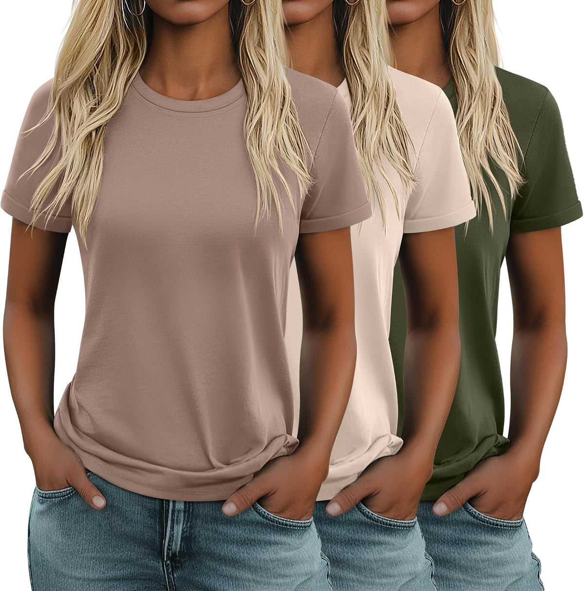 Women's Cotton Basic Tees 3 Pack - Crew Neck, Loose Fit Short Sleeve Tops for Daily and Gym Wear - Black, White, Brown