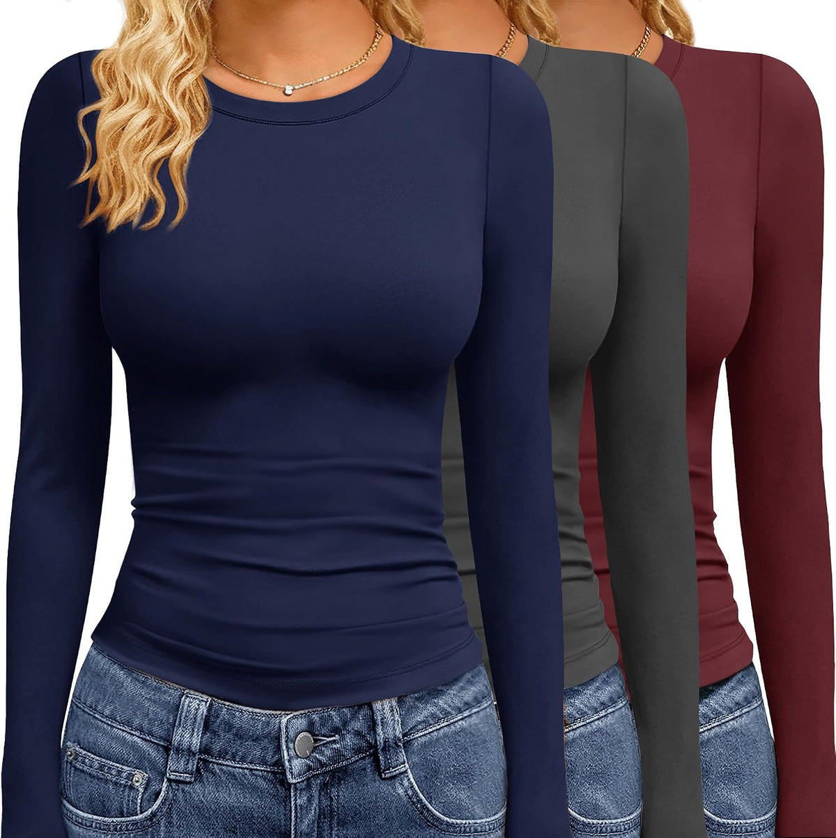 Women's Long Sleeve Tees 3 Pack - Crew Neck, Slim Stretch Fit, Wrinkle Resistant Tops for Office and Gym - Black,white,b