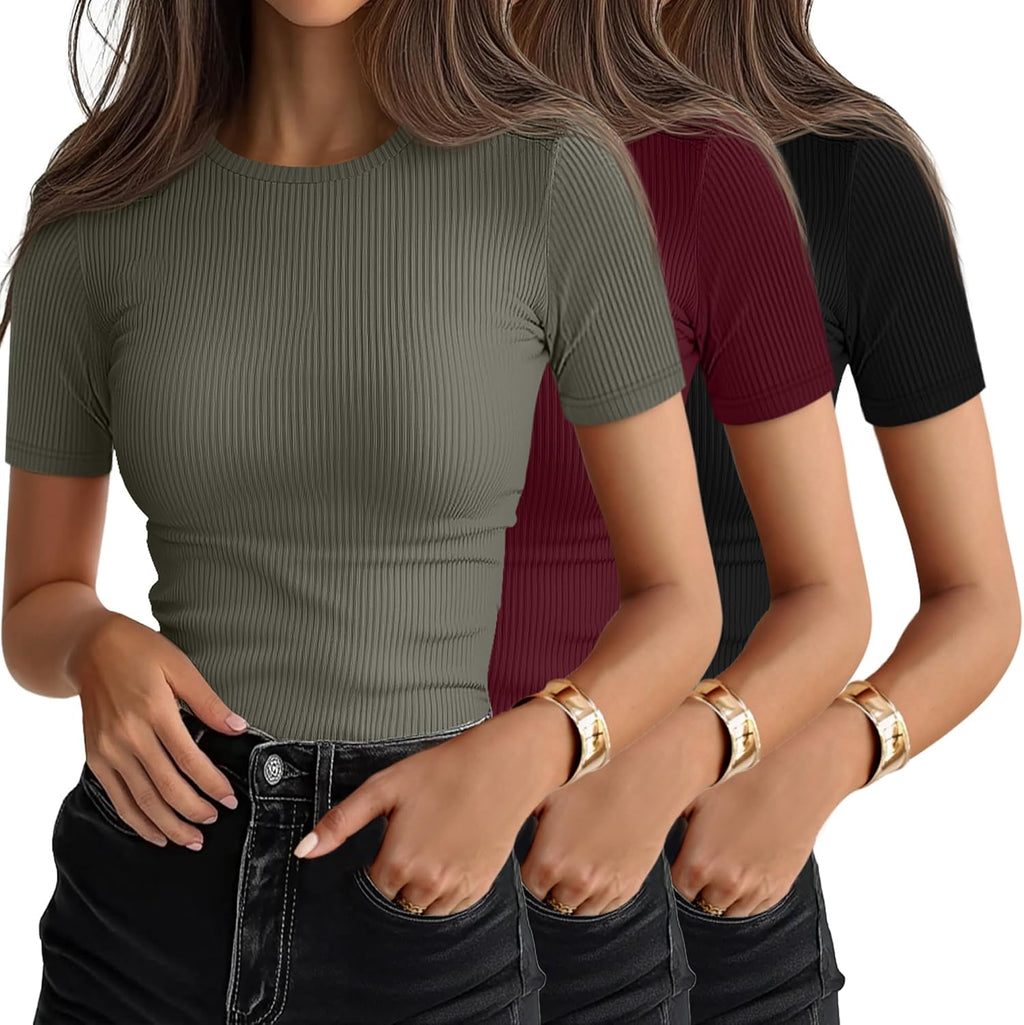 Women's Ribbed Cotton Tees 3 Pack - Crew Neck, Slim Fitted Short Sleeve Tops for Work and Weekends - XX-Large