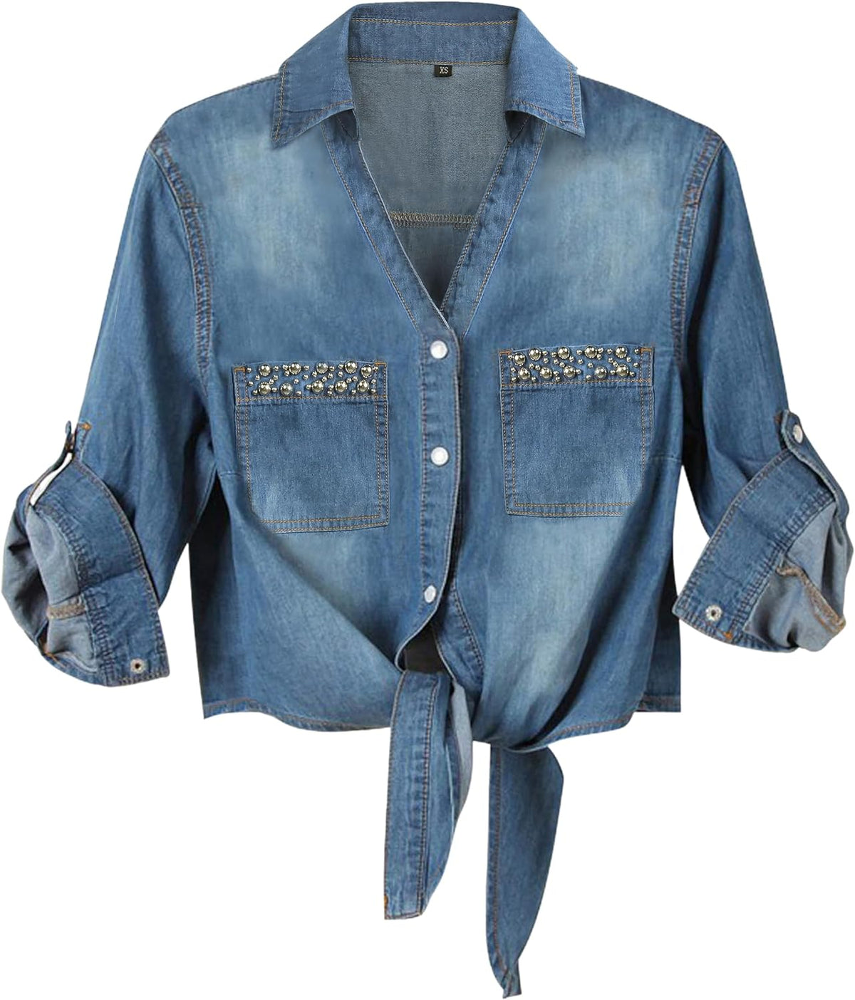 Women's Tie Front Denim Crop Shirt - Roll Up Three Quarter Sleeves, Chambray Button Down for Western Looks - Small