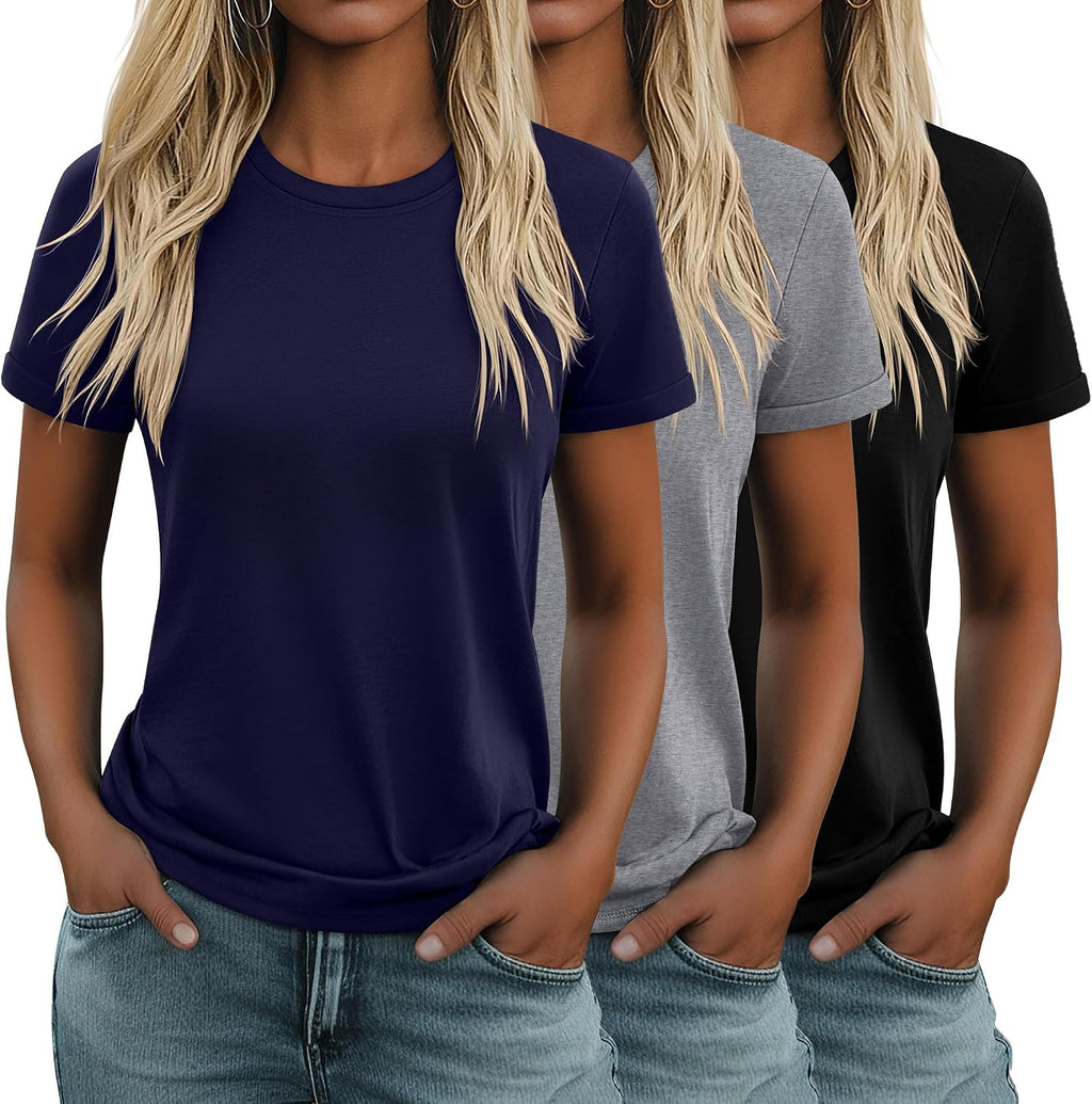 Women's Cotton Basic Tees 3 Pack - Crew Neck, Loose Fit Short Sleeve Tops for Daily and Gym Wear - Black, White, Dark Gr