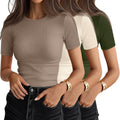 Women's Ribbed Cotton Tees 3 Pack - Crew Neck, Slim Fitted Short Sleeve Tops for Work and Weekends - XX-Large