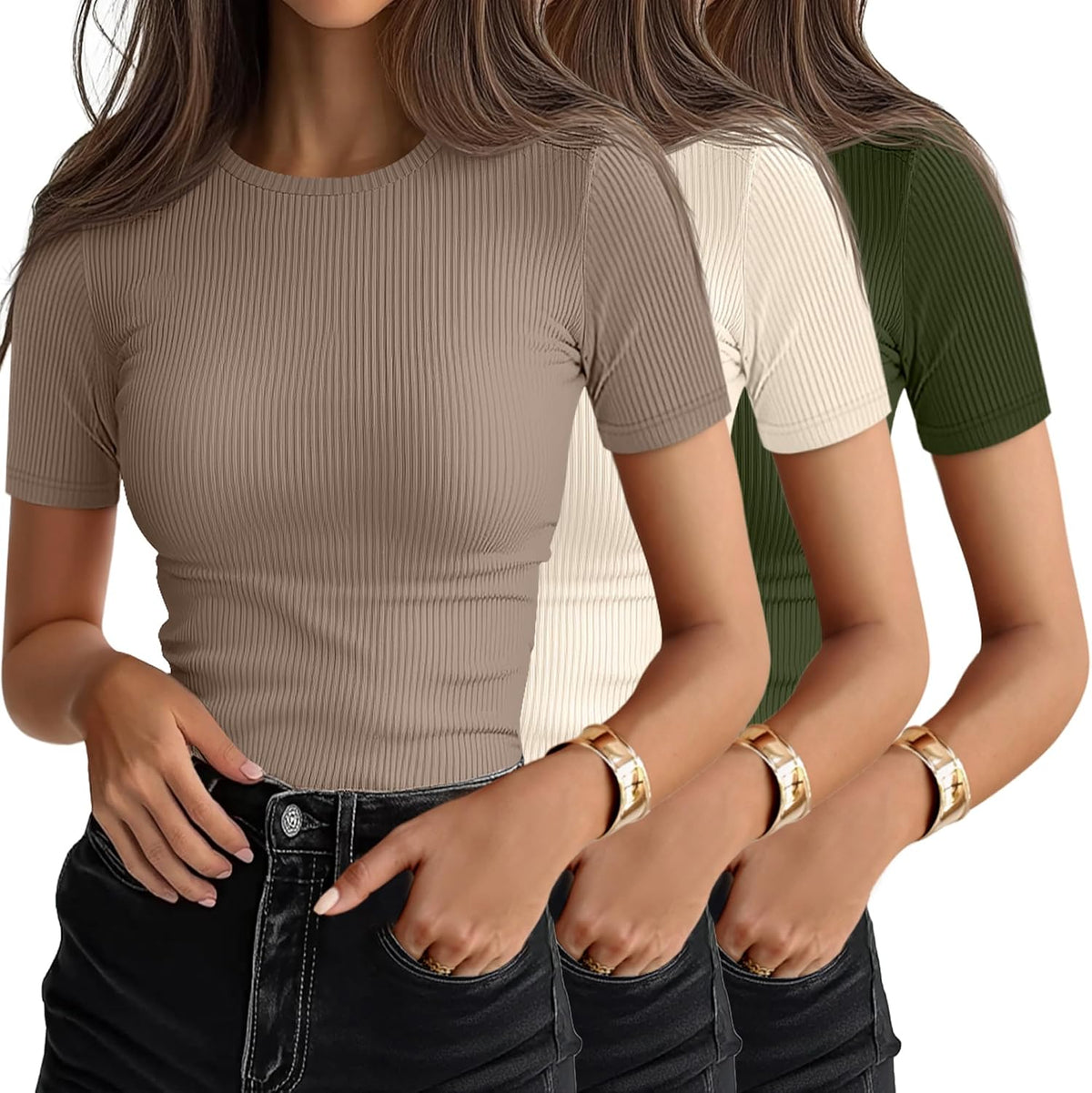 Women's Ribbed Cotton Tees 3 Pack - Crew Neck, Slim Fitted Short Sleeve Tops for Work and Weekends - XX-Large