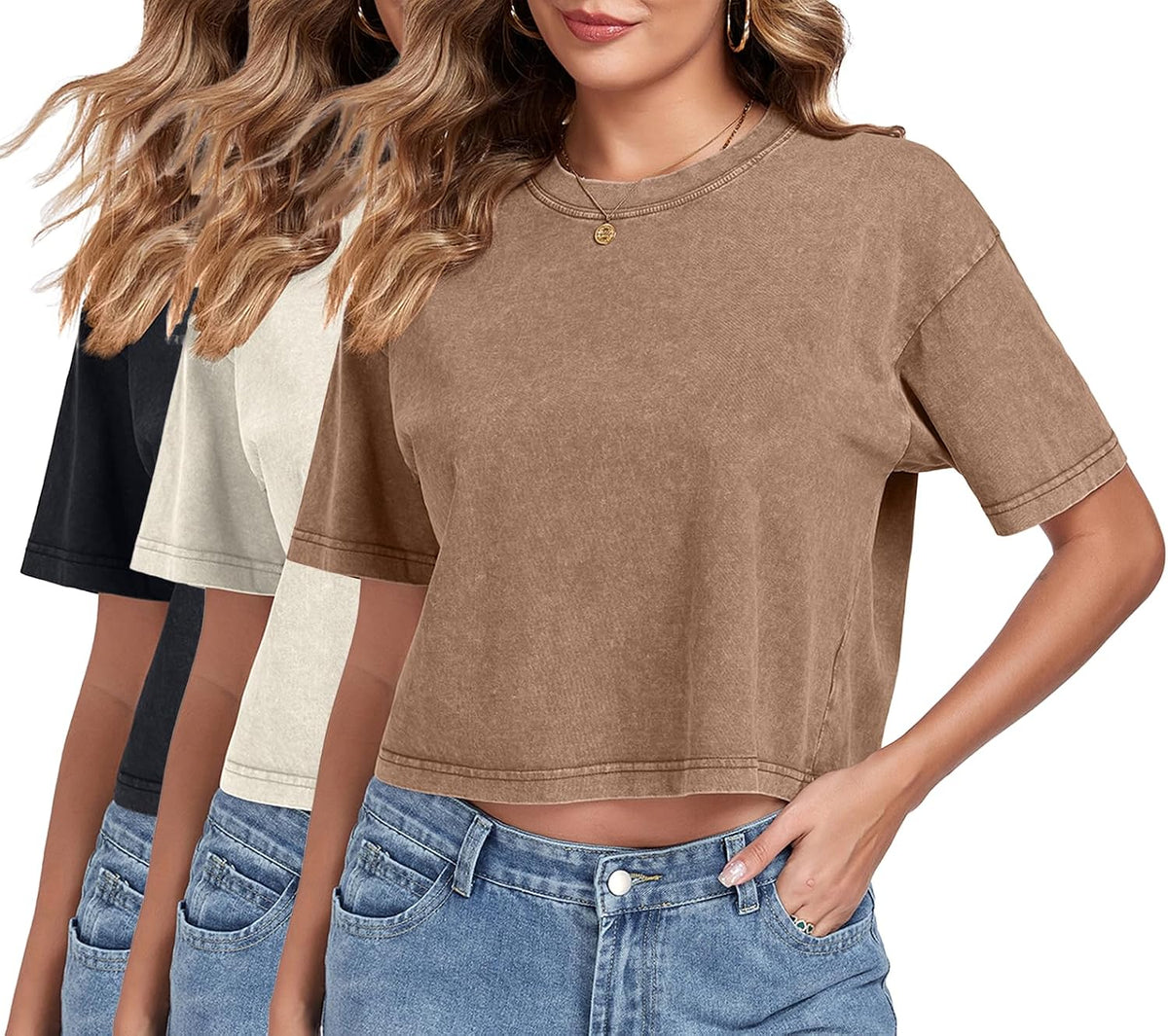 Women's Acid Wash Crop Tops - Round Neck, Short Sleeve Baggy Tees Sold Singly or in Colour Sets - Beige