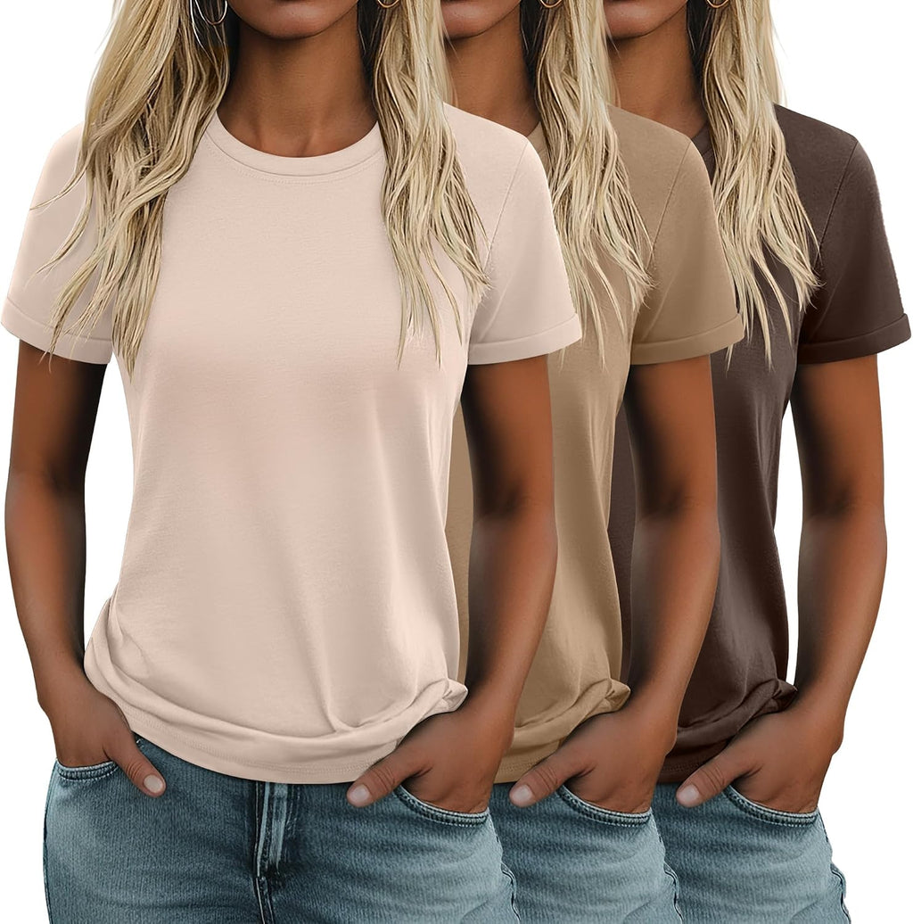 Women's Cotton Basic Tees 3 Pack - Crew Neck, Loose Fit Short Sleeve Tops for Daily and Gym Wear - Black, White, Khaki