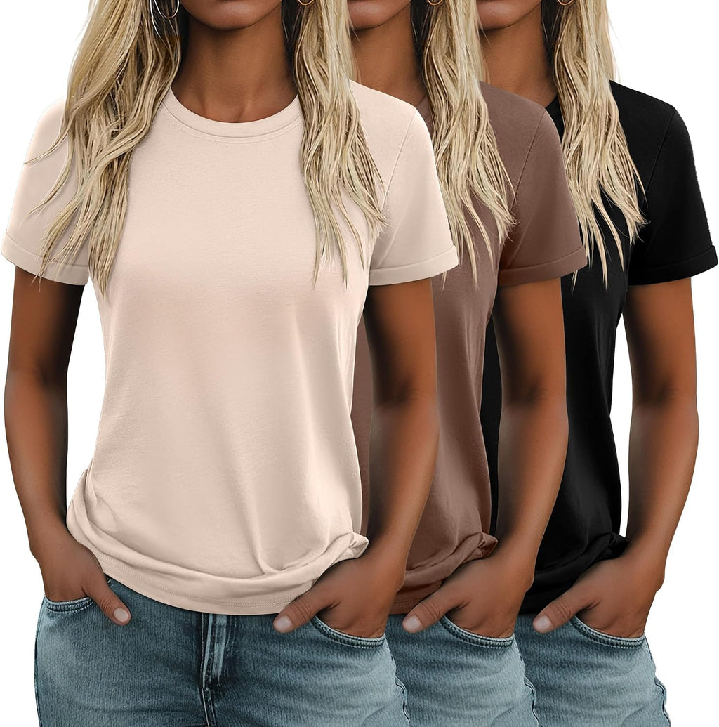 Women's Cotton Basic Tees 3 Pack - Crew Neck, Loose Fit Short Sleeve Tops for Daily and Gym Wear - Black, White, Khaki