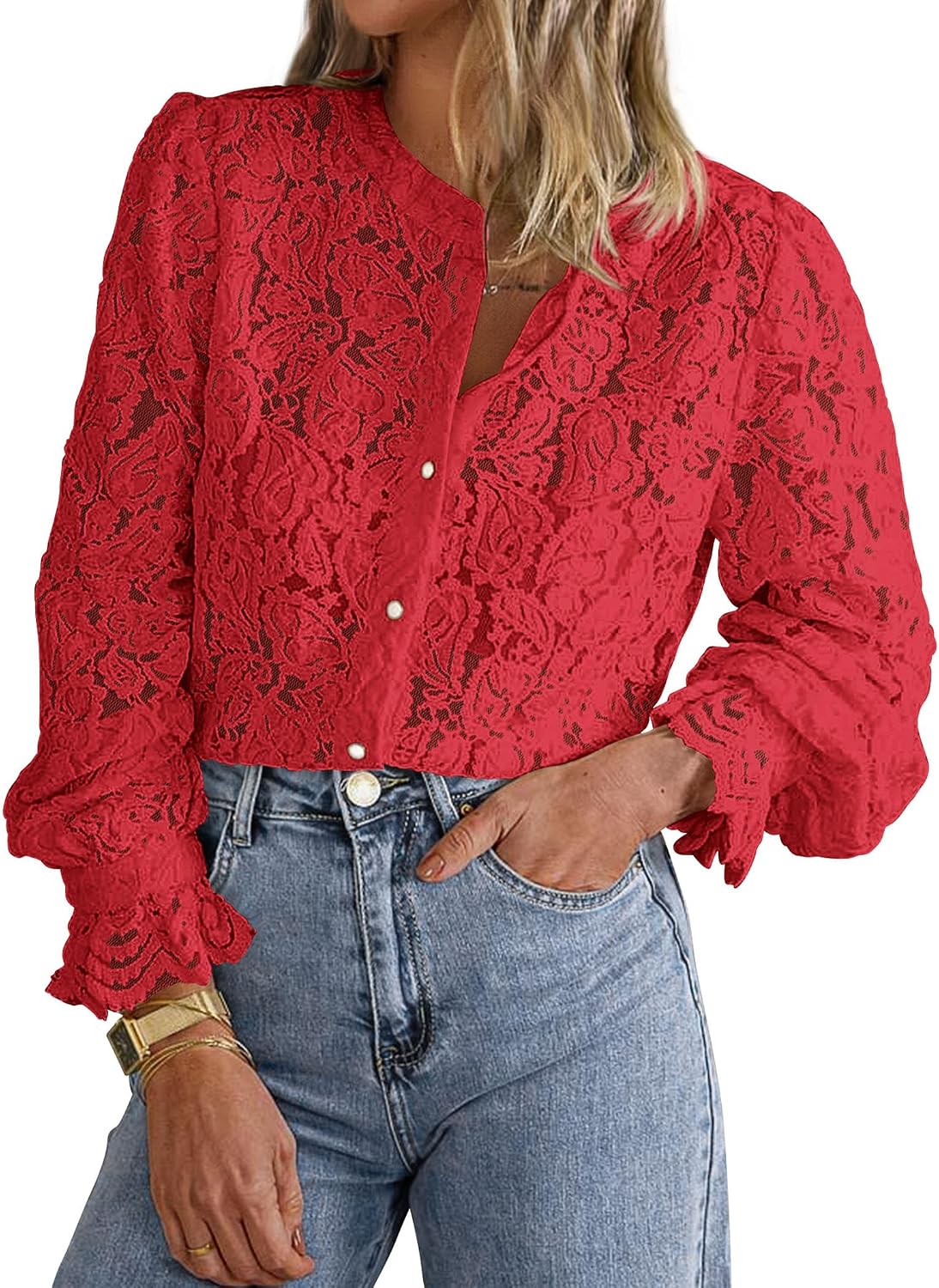 Women's Lace Button Down Blouse - Long Sleeves, Sheer Panels, Dressy Casual Top for Date Night and Travel - Small
