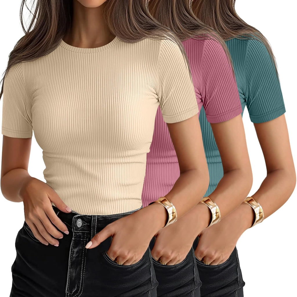 Women's Ribbed Cotton Tees 3 Pack - Crew Neck, Slim Fitted Short Sleeve Tops for Work and Weekends - Medium