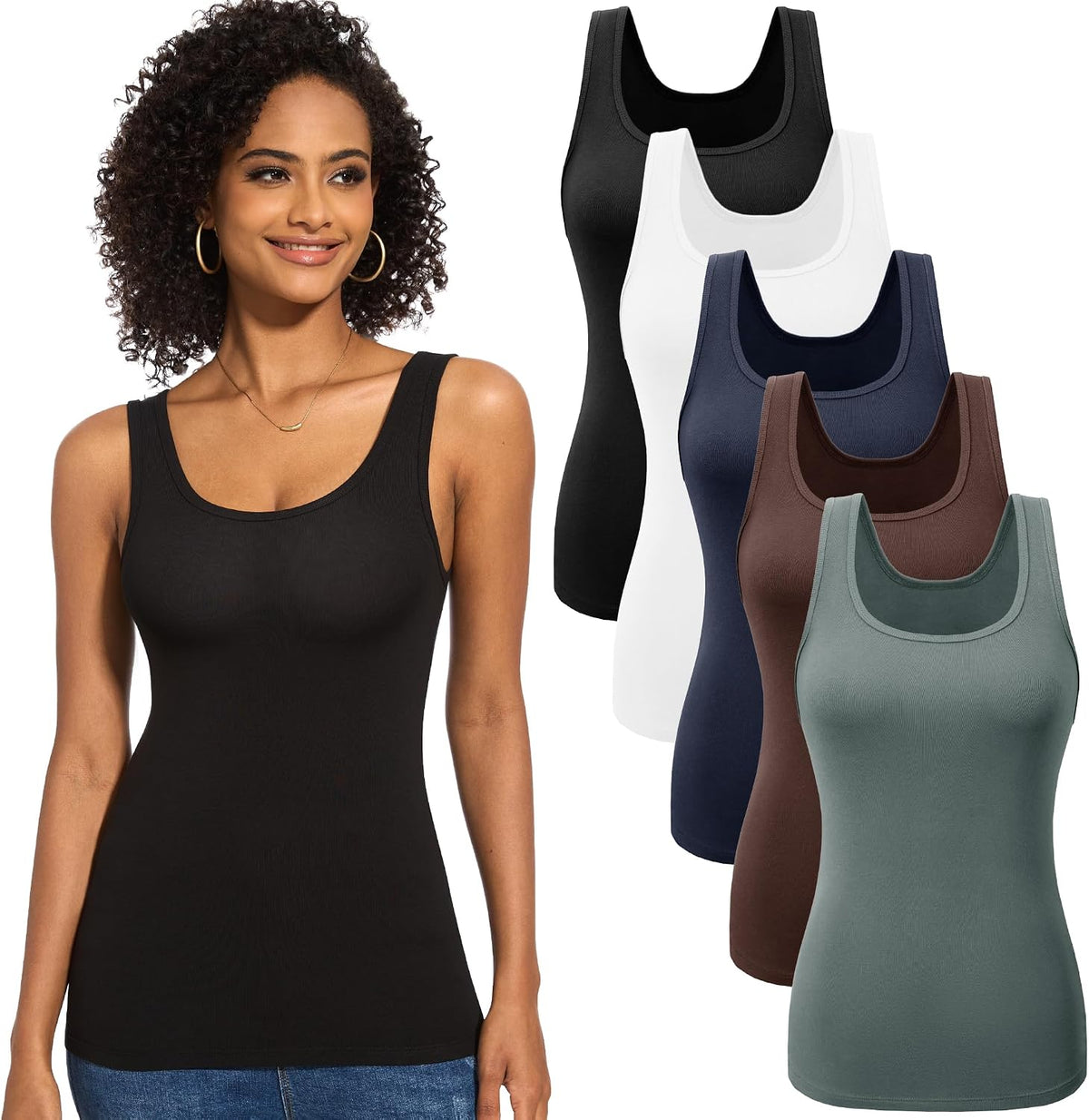 Women's Ribbed Tank Tops 5 Pack - Scoop Neck, Wide Straps, Stretch Fitted Layering Camis for Everyday Wear - Small