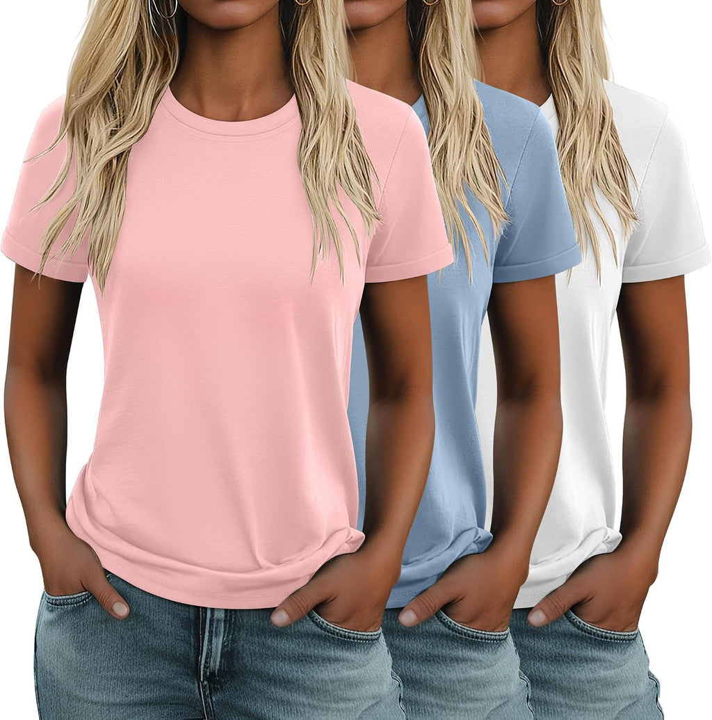 Women's Cotton Basic Tees 3 Pack - Crew Neck, Loose Fit Short Sleeve Tops for Daily and Gym Wear - Black, White, Light K