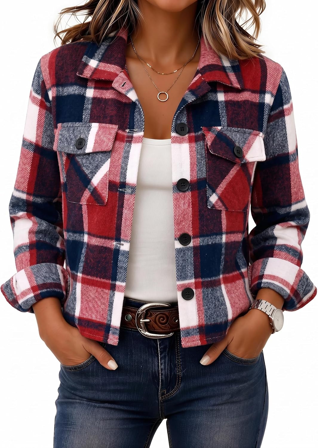 Women's Cropped Plaid Flannel Shacket - Button Down Shirt Jacket for Fall and Winter Layering - Small (14)