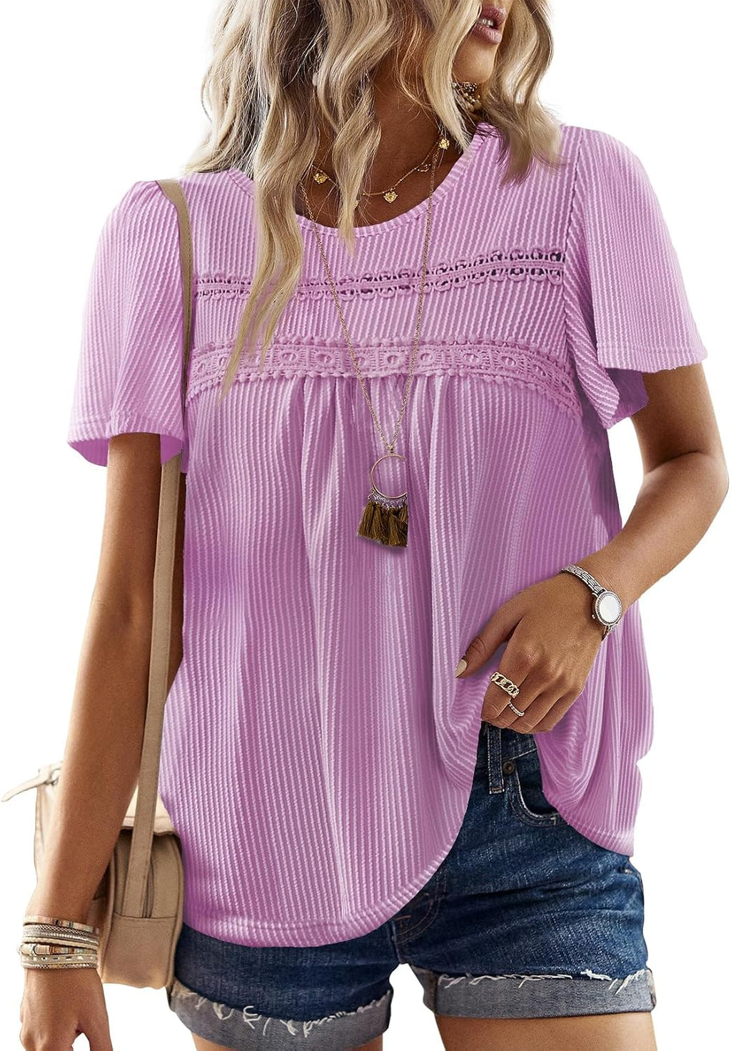Women's Boho Ribbed Short Sleeve Top - Crochet Lace Trim, Flowy Loose Fit in Sizes XS to 5XL - Black (11)