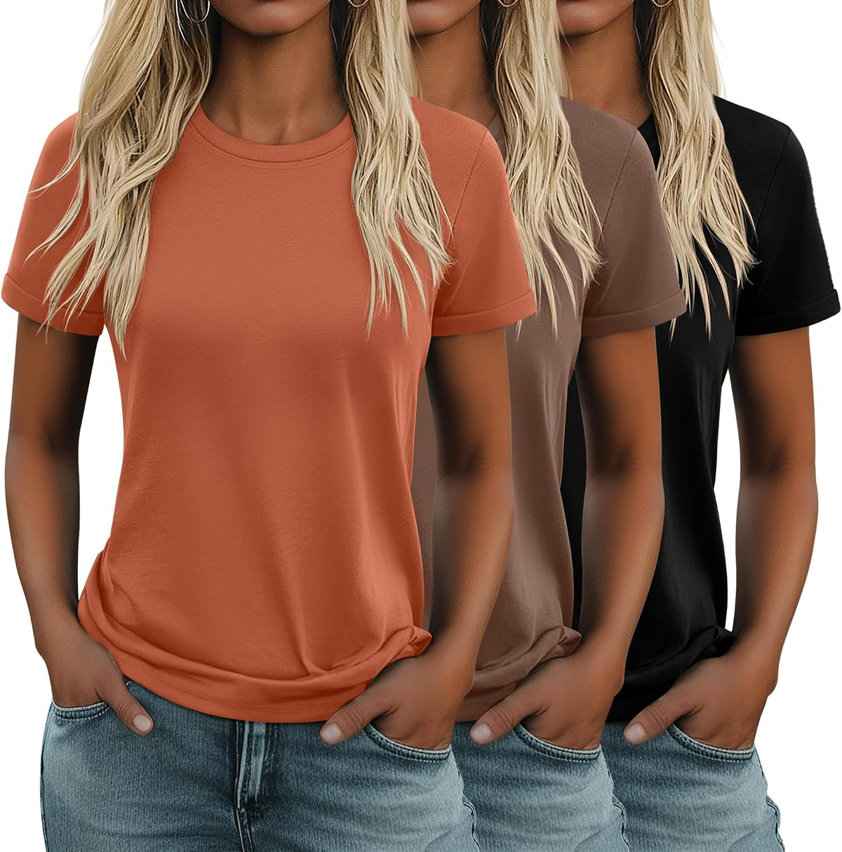 Women's Cotton Basic Tees 3 Pack - Crew Neck, Loose Fit Short Sleeve Tops for Daily and Gym Wear - Black, White, Dark Gr