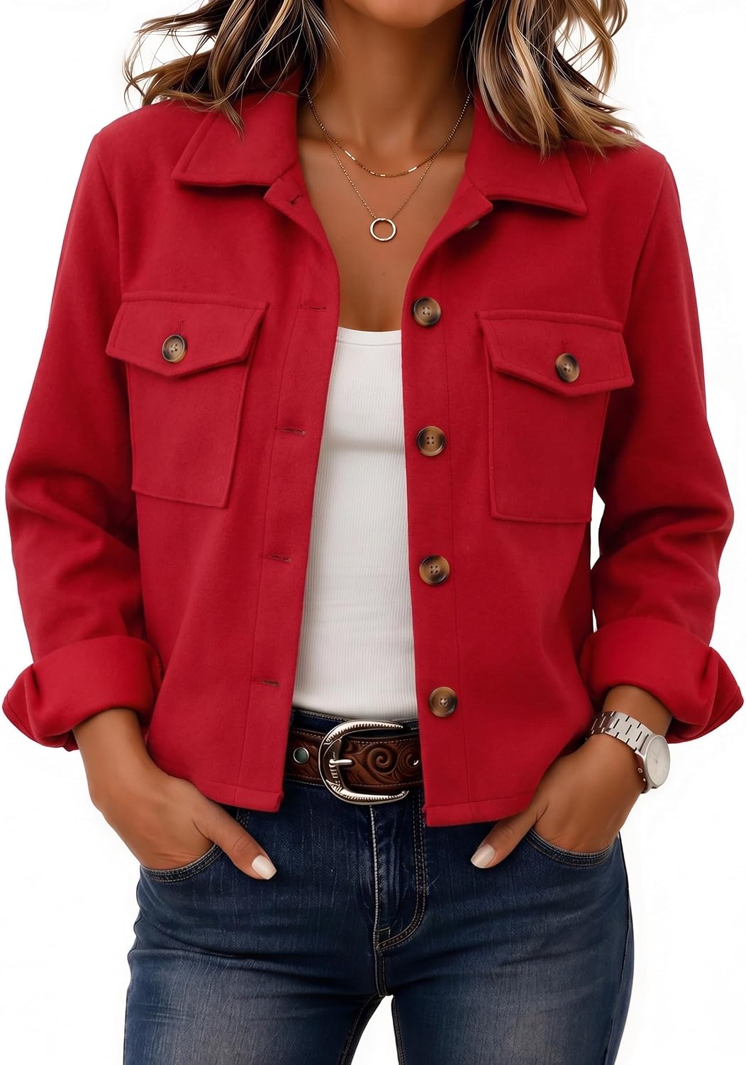 Women's Cropped Plaid Flannel Shacket - Button Down Shirt Jacket for Fall and Winter Layering - Small