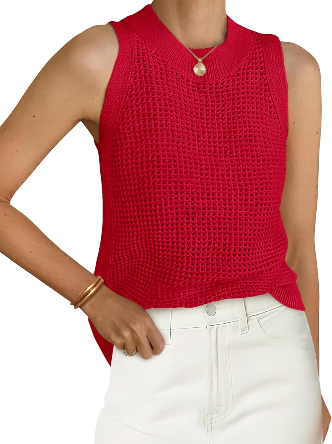 Women's Crochet Knit Tank Top - Crew Neck, Open Hollow Out Stitch, Sleeveless Sweater Vest for Resort Days - Small