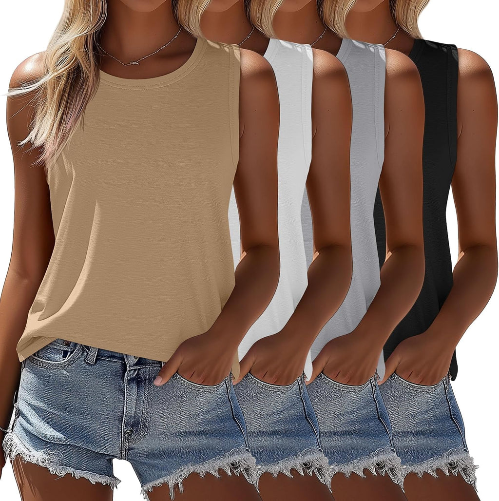 Women's Sleeveless Tunic Tanks 4 Pack - Crew Neck, Split Side Hem, Loose Flowy Tops for Summer Wear - XX-Large
