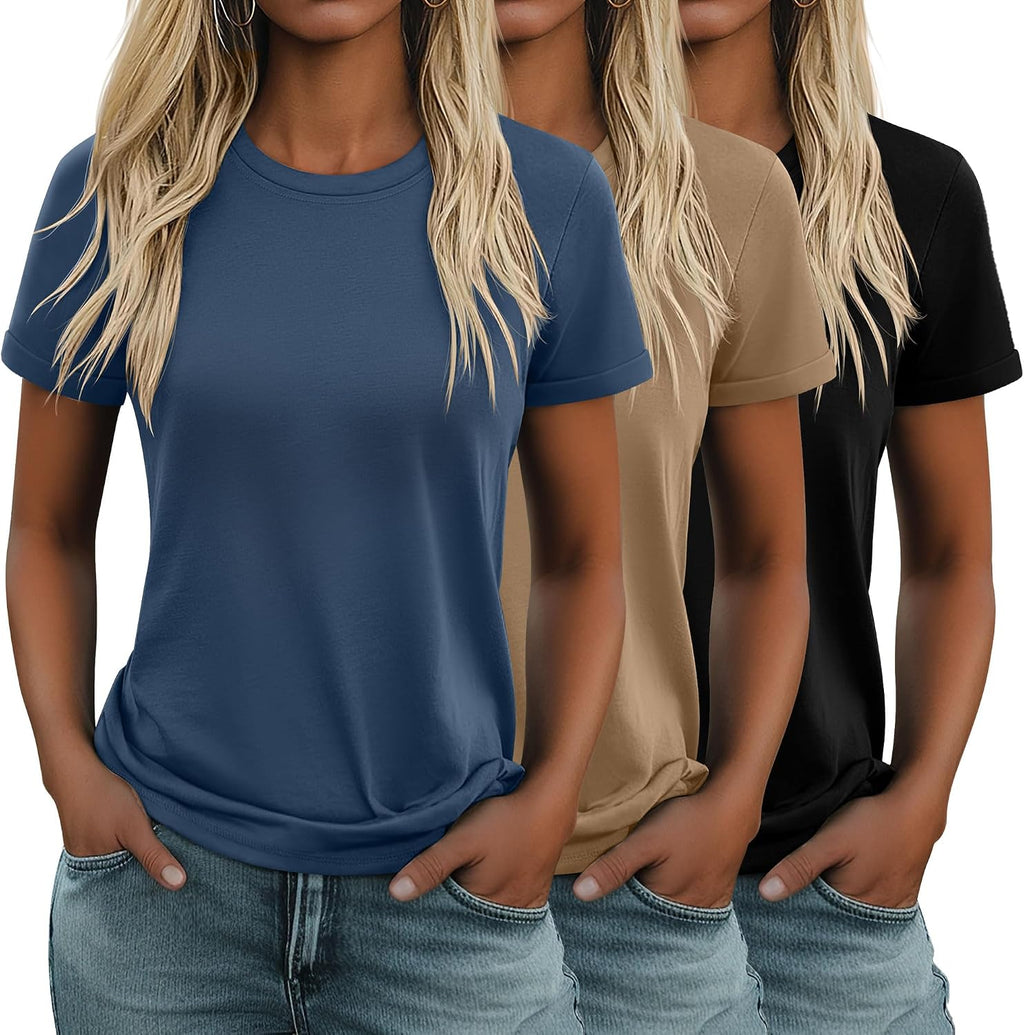 Women's Cotton Basic Tees 3 Pack - Crew Neck, Loose Fit Short Sleeve Tops for Daily and Gym Wear - Black, Cream, Rose Re
