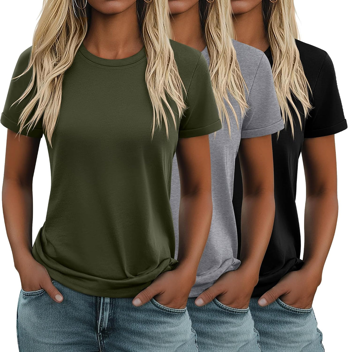 Women's Cotton Basic Tees 3 Pack - Crew Neck, Loose Fit Short Sleeve Tops for Daily and Gym Wear - Black, Coffee, Dark G