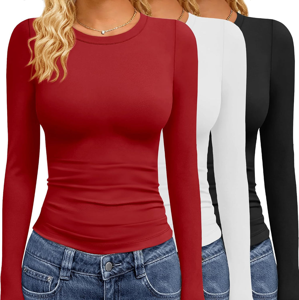 Women's Long Sleeve Tees 3 Pack - Crew Neck, Slim Stretch Fit, Wrinkle Resistant Tops for Office and Gym - Black,grey,na