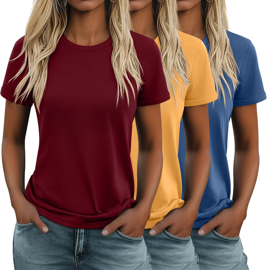 Women's Cotton Basic Tees 3 Pack - Crew Neck, Loose Fit Short Sleeve Tops for Daily and Gym Wear - Black, White, Light K