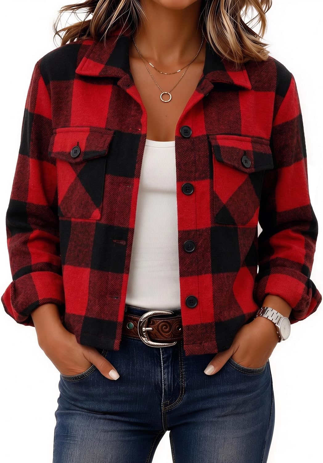 Women's Cropped Plaid Flannel Shacket - Button Down Shirt Jacket for Fall and Winter Layering - Small