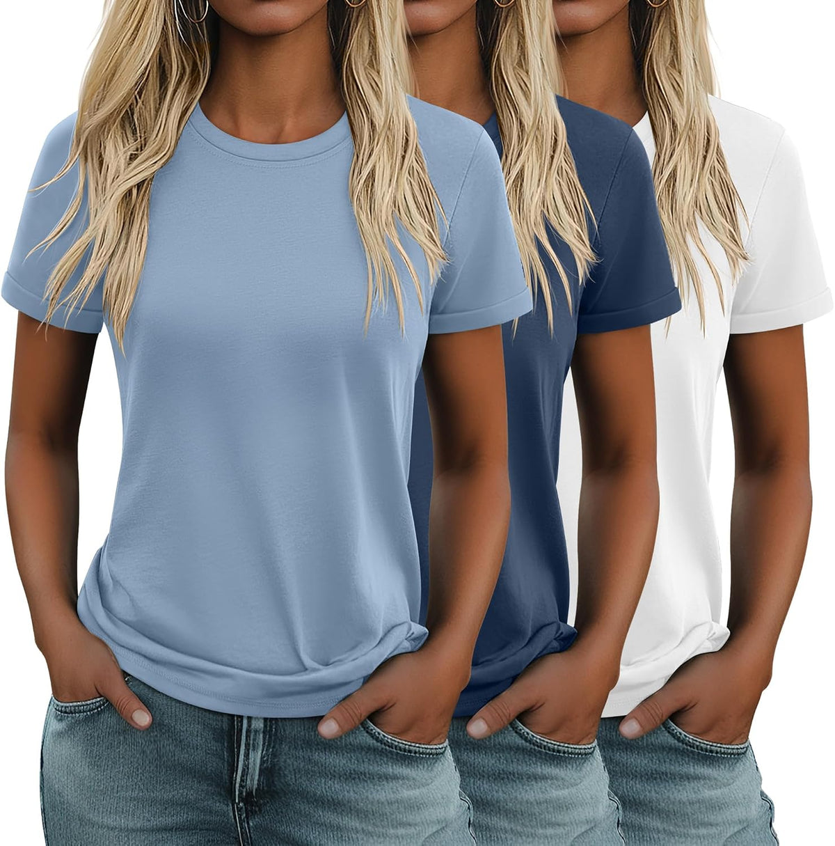 Women's Cotton Basic Tees 3 Pack - Crew Neck, Loose Fit Short Sleeve Tops for Daily and Gym Wear - Black, White, Haze Bl