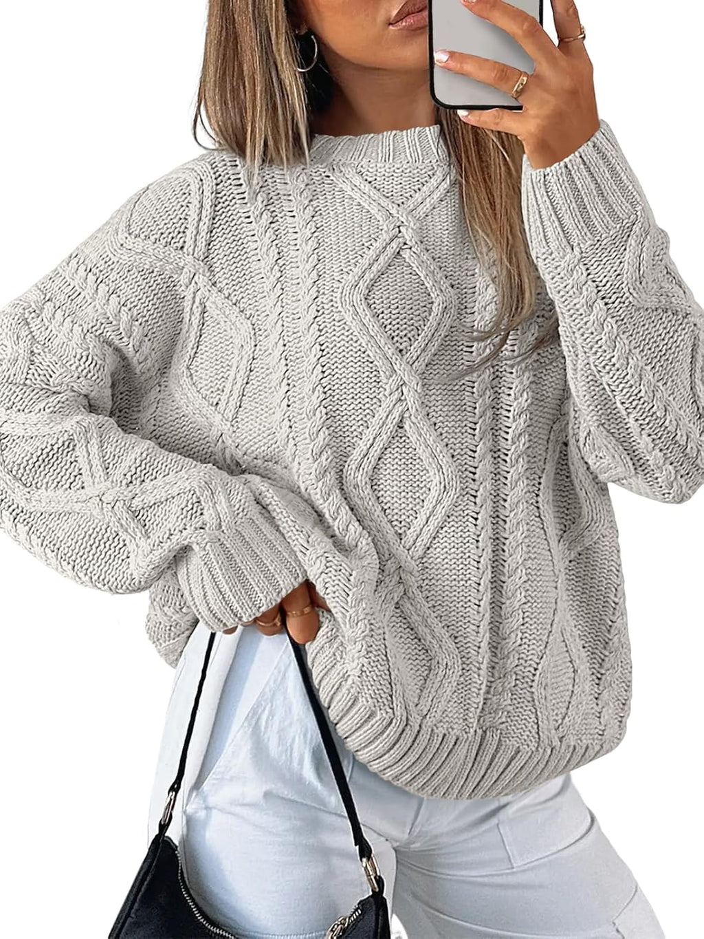 Women's Oversized Cable Knit Sweater - Chunky Knit Texture, Drop Shoulders, Pullover for Fall Layering - Small (12)