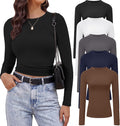 Women's Fitted Long Sleeve Tops 5 Pack - Crew Neck Base Layer Tees for Winter Layering and Underscrubs - Black/White/Bro