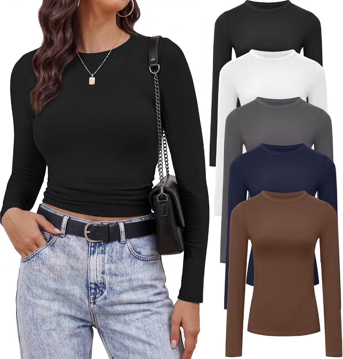 Women's Fitted Long Sleeve Tops 5 Pack - Crew Neck Base Layer Tees for Winter Layering and Underscrubs - Black/White/Bro