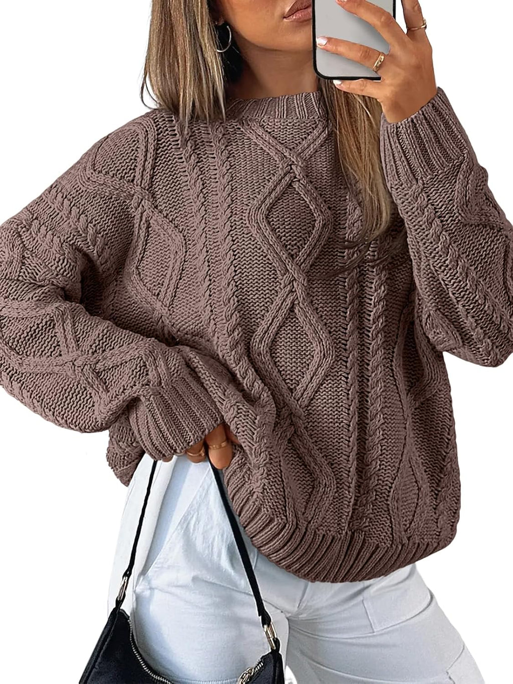 Women's Oversized Cable Knit Sweater - Chunky Knit Texture, Drop Shoulders, Pullover for Fall Layering - Small (11)
