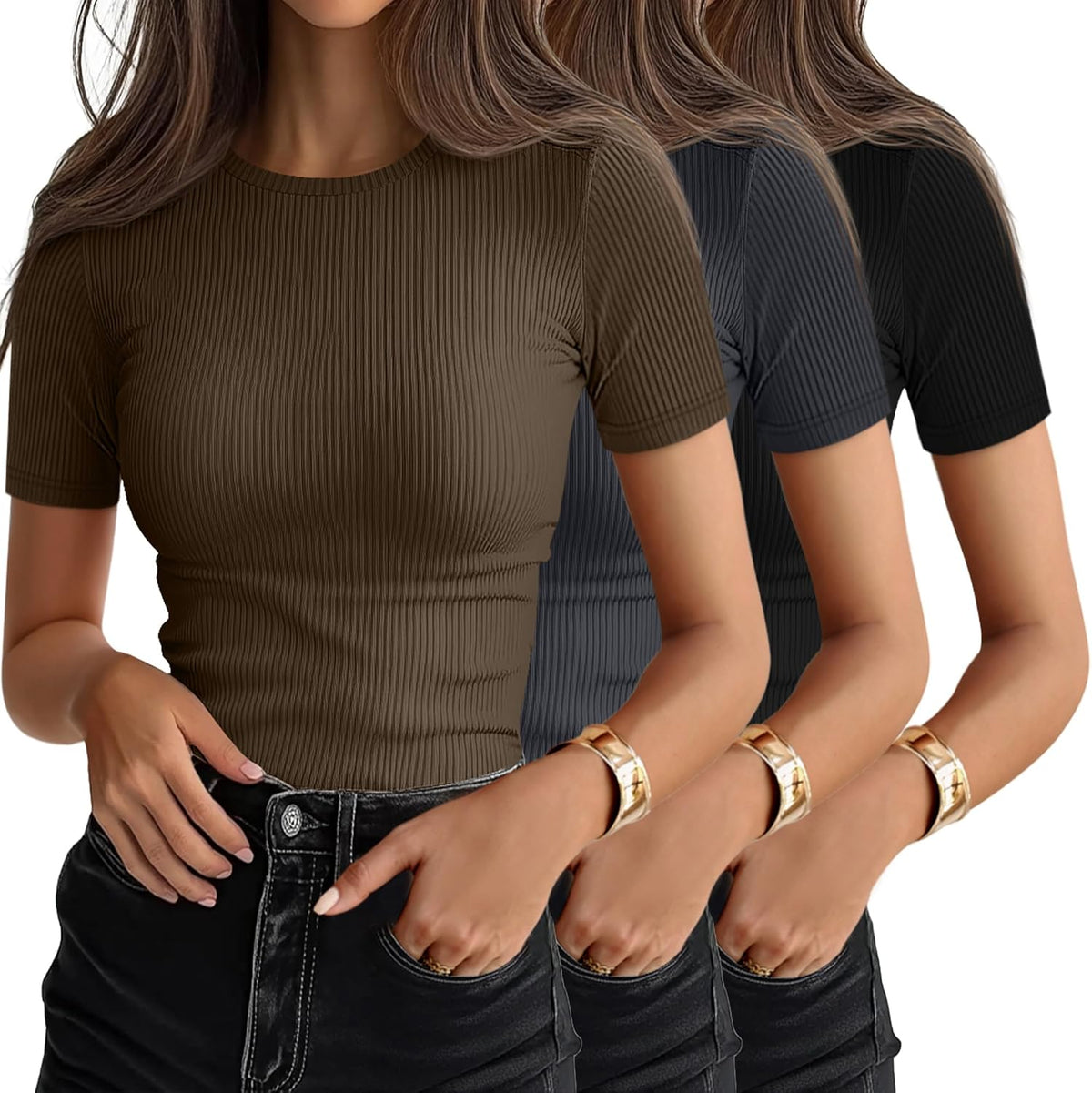 Women's Ribbed Cotton Tees 3 Pack - Crew Neck, Slim Fitted Short Sleeve Tops for Work and Weekends - XX-Large
