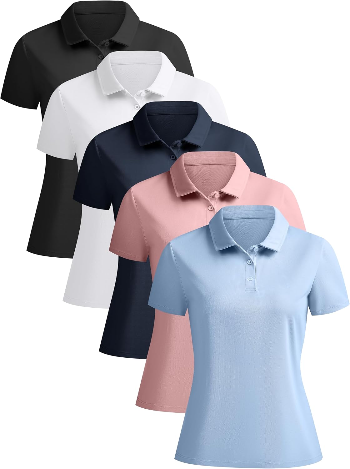 Women's Polo Shirts 5 Pack - Three Button Placket, Moisture Wicking Quick Dry Knit for Golf and Work - Small