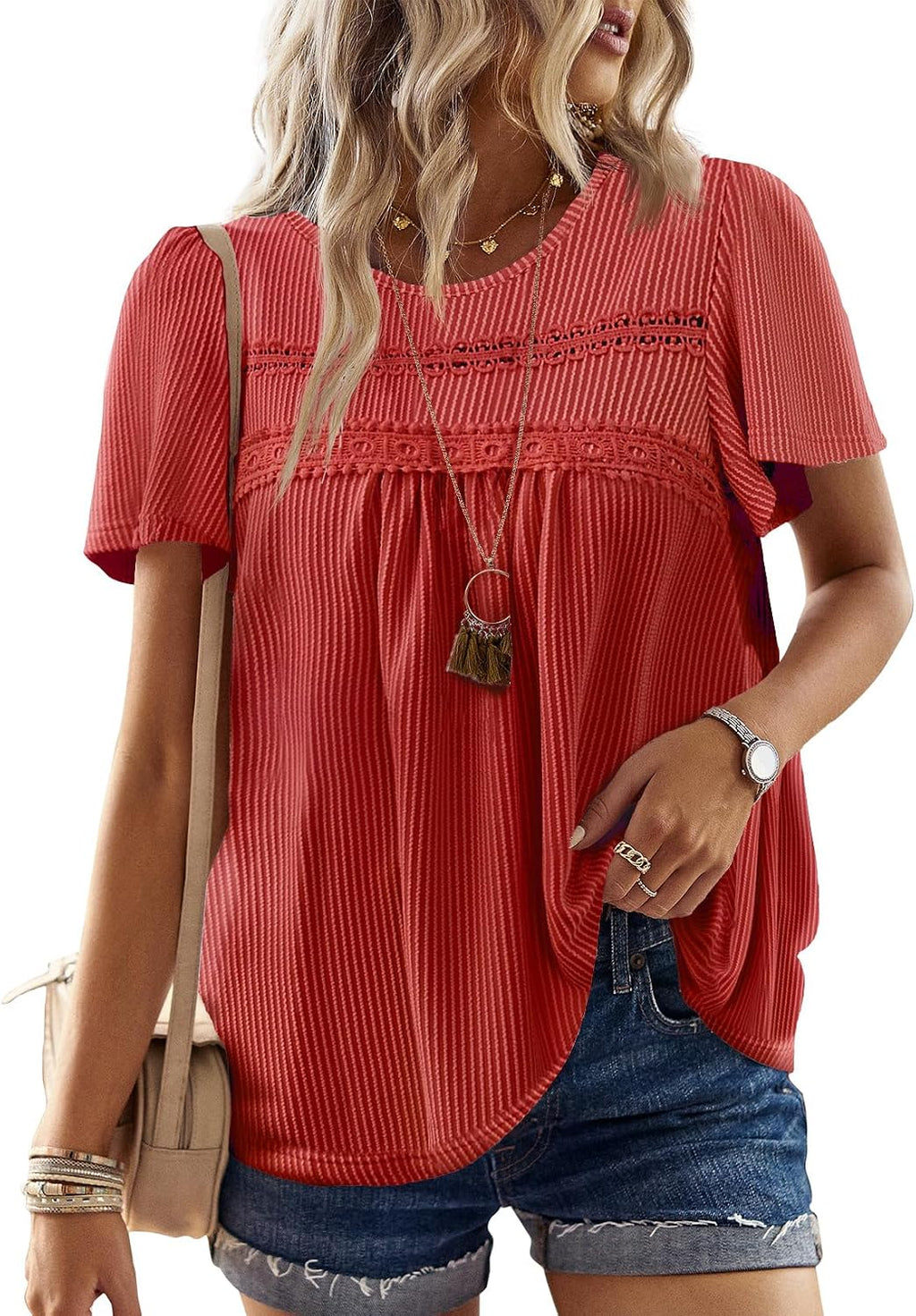 Women's Boho Ribbed Short Sleeve Top - Crochet Lace Trim, Flowy Loose Fit in Sizes XS to 5XL - Black (17)