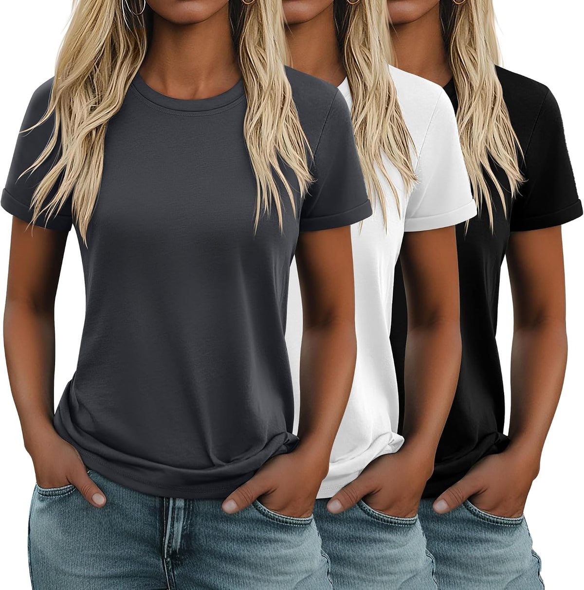 Women's Cotton Basic Tees 3 Pack - Crew Neck, Loose Fit Short Sleeve Tops for Daily and Gym Wear - Black, White, Dark Gr