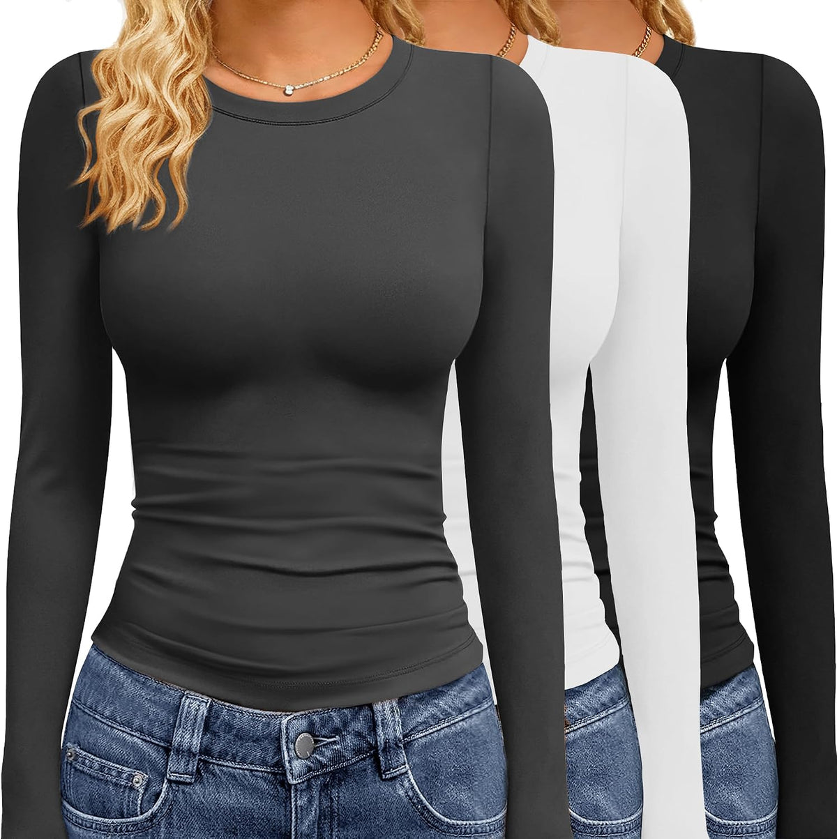 Women's Long Sleeve Tees 3 Pack - Crew Neck, Slim Stretch Fit, Wrinkle Resistant Tops for Office and Gym - Black,grey,na