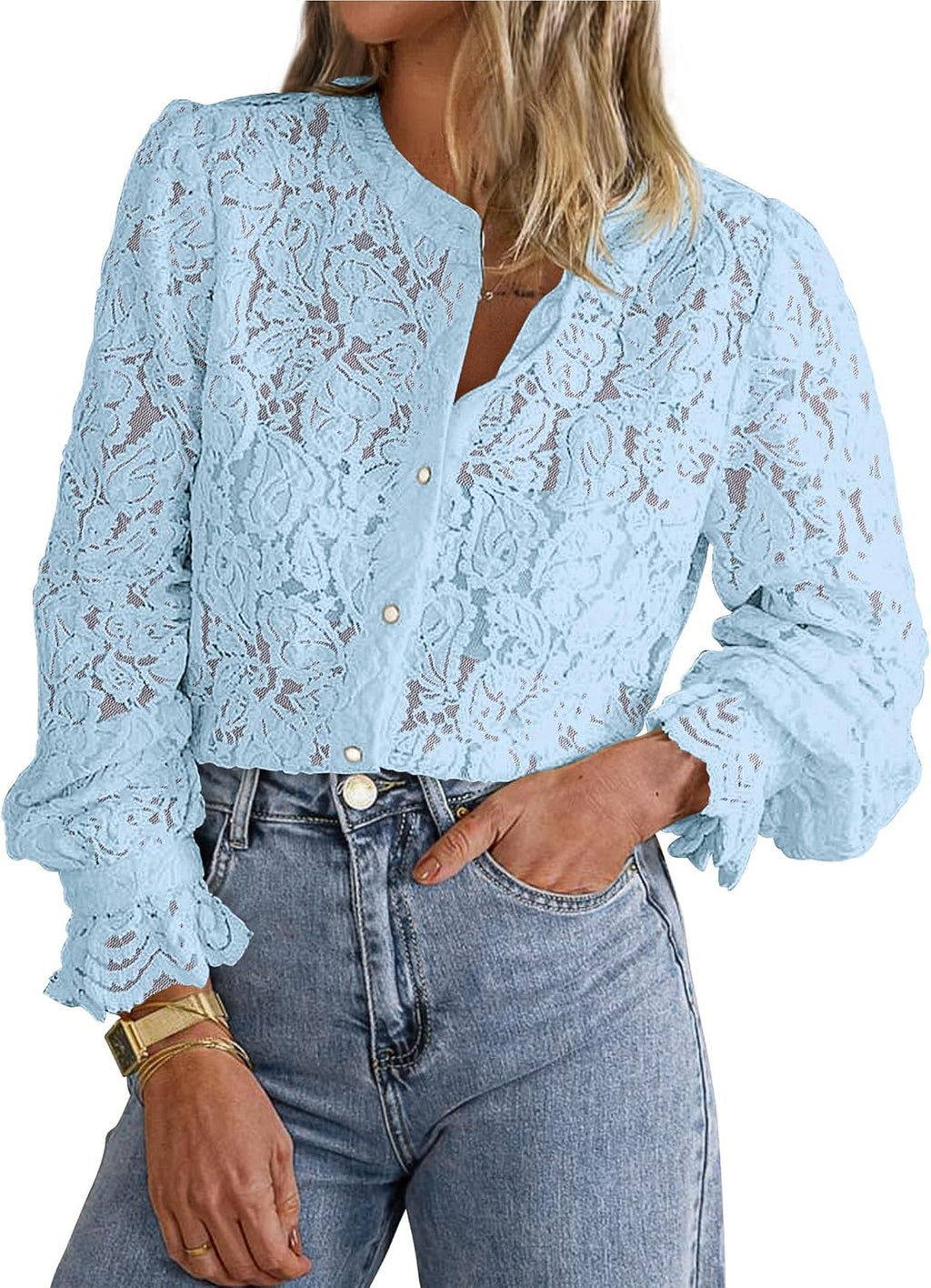 Women's Lace Button Down Blouse - Long Sleeves, Sheer Panels, Dressy Casual Top for Date Night and Travel - Medium