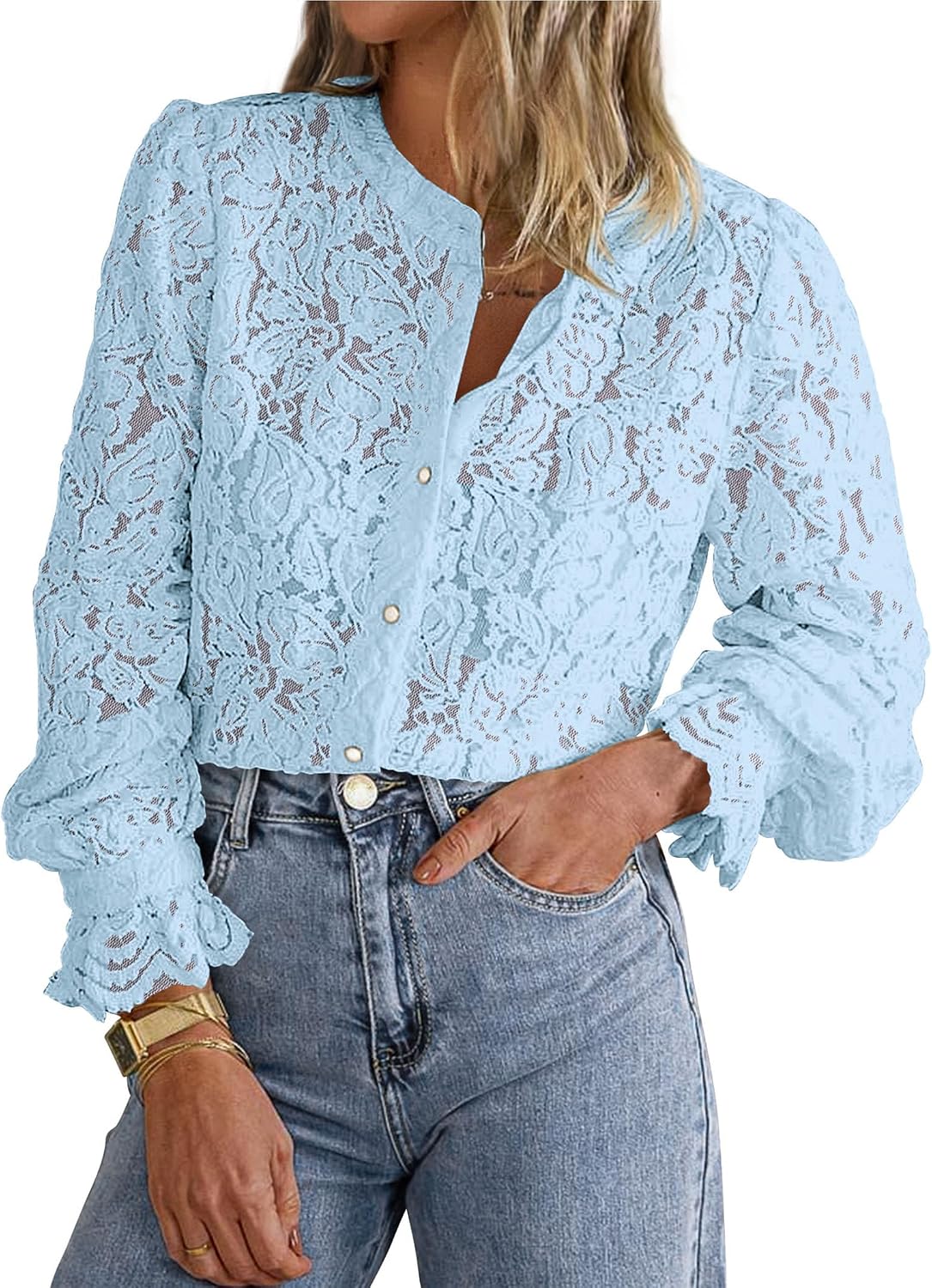 Women's Lace Button Down Blouse - Long Sleeves, Sheer Panels, Dressy Casual Top for Date Night and Travel - Medium