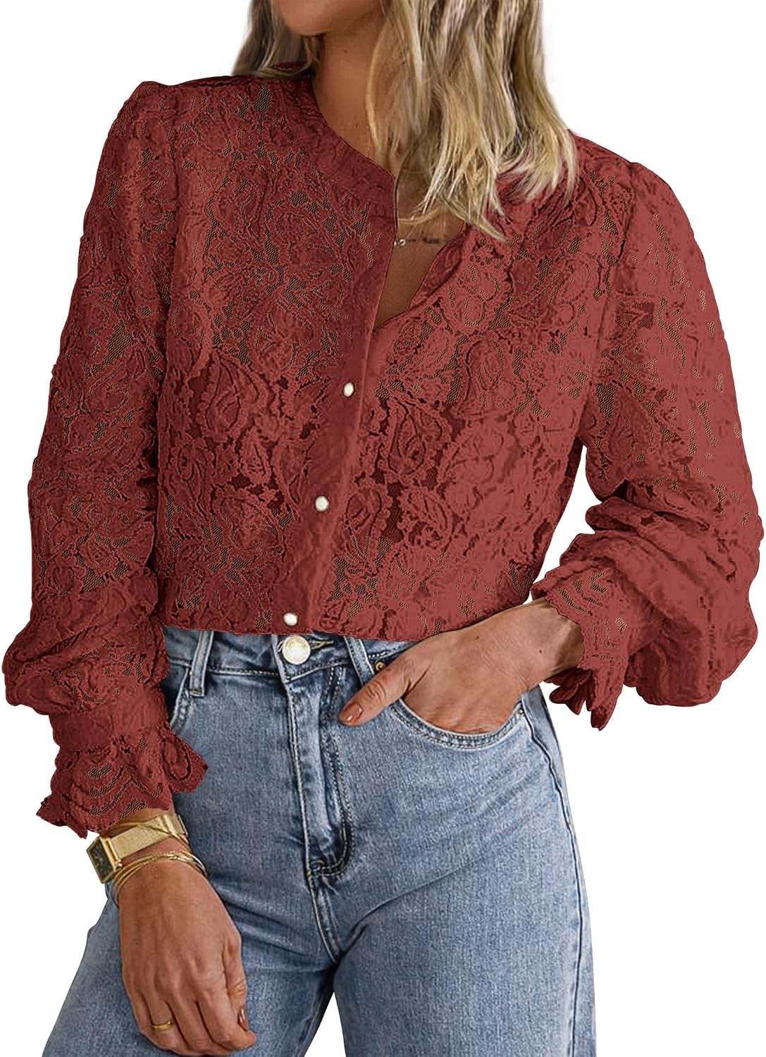 Women's Lace Button Down Blouse - Long Sleeves, Sheer Panels, Dressy Casual Top for Date Night and Travel - Medium