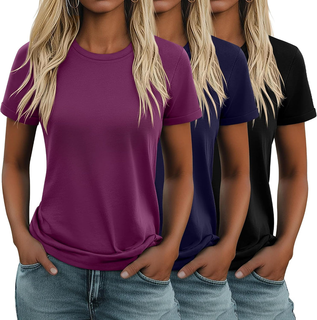 Women's Cotton Basic Tees 3 Pack - Crew Neck, Loose Fit Short Sleeve Tops for Daily and Gym Wear - Black, White, Khaki (