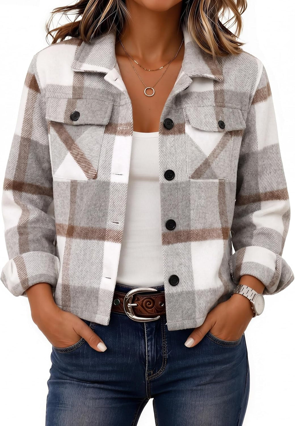 Women's Cropped Plaid Flannel Shacket - Button Down Shirt Jacket for Fall and Winter Layering - Large