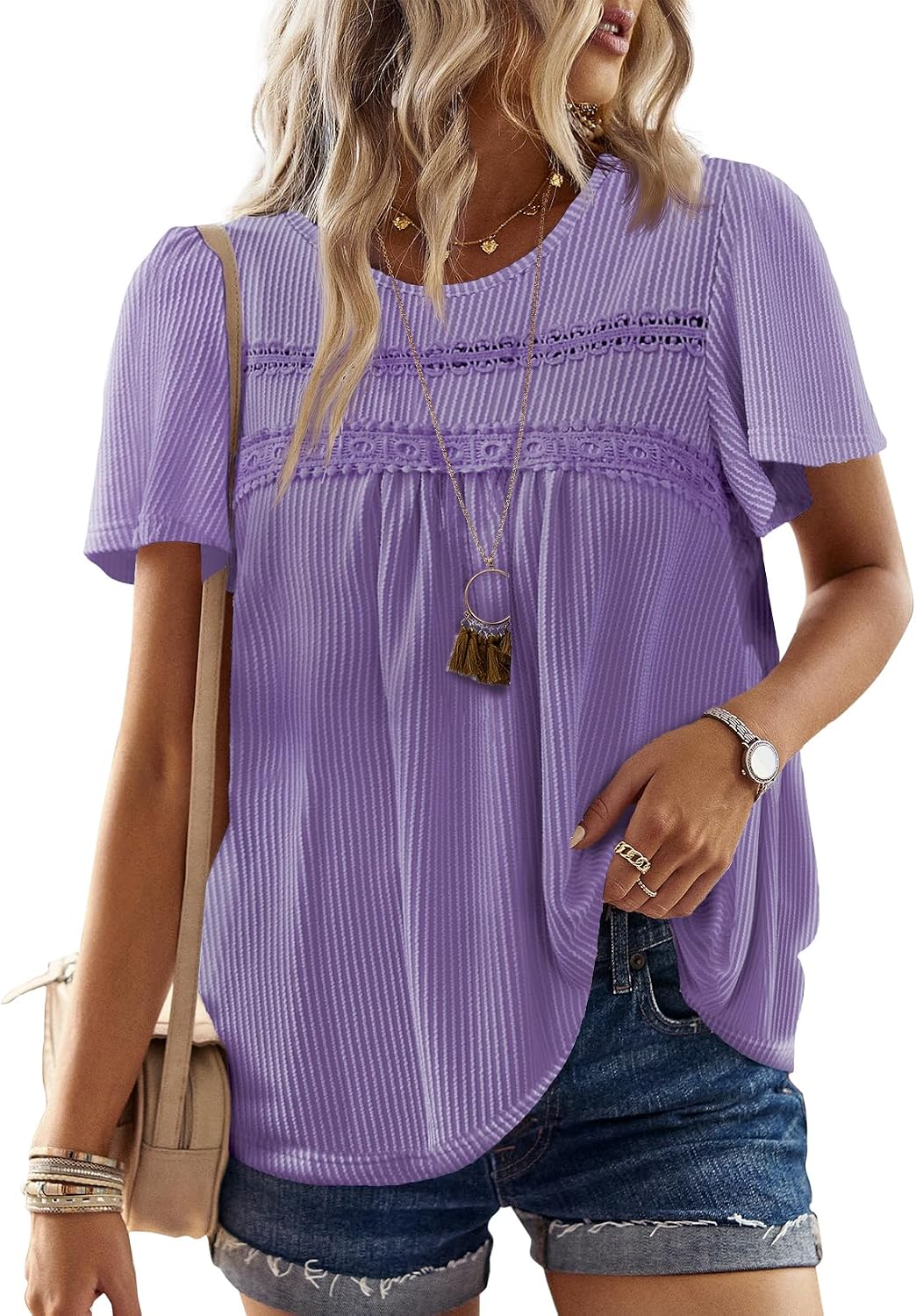 Women's Boho Ribbed Short Sleeve Top - Crochet Lace Trim, Flowy Loose Fit in Sizes XS to 5XL - Hot Pink