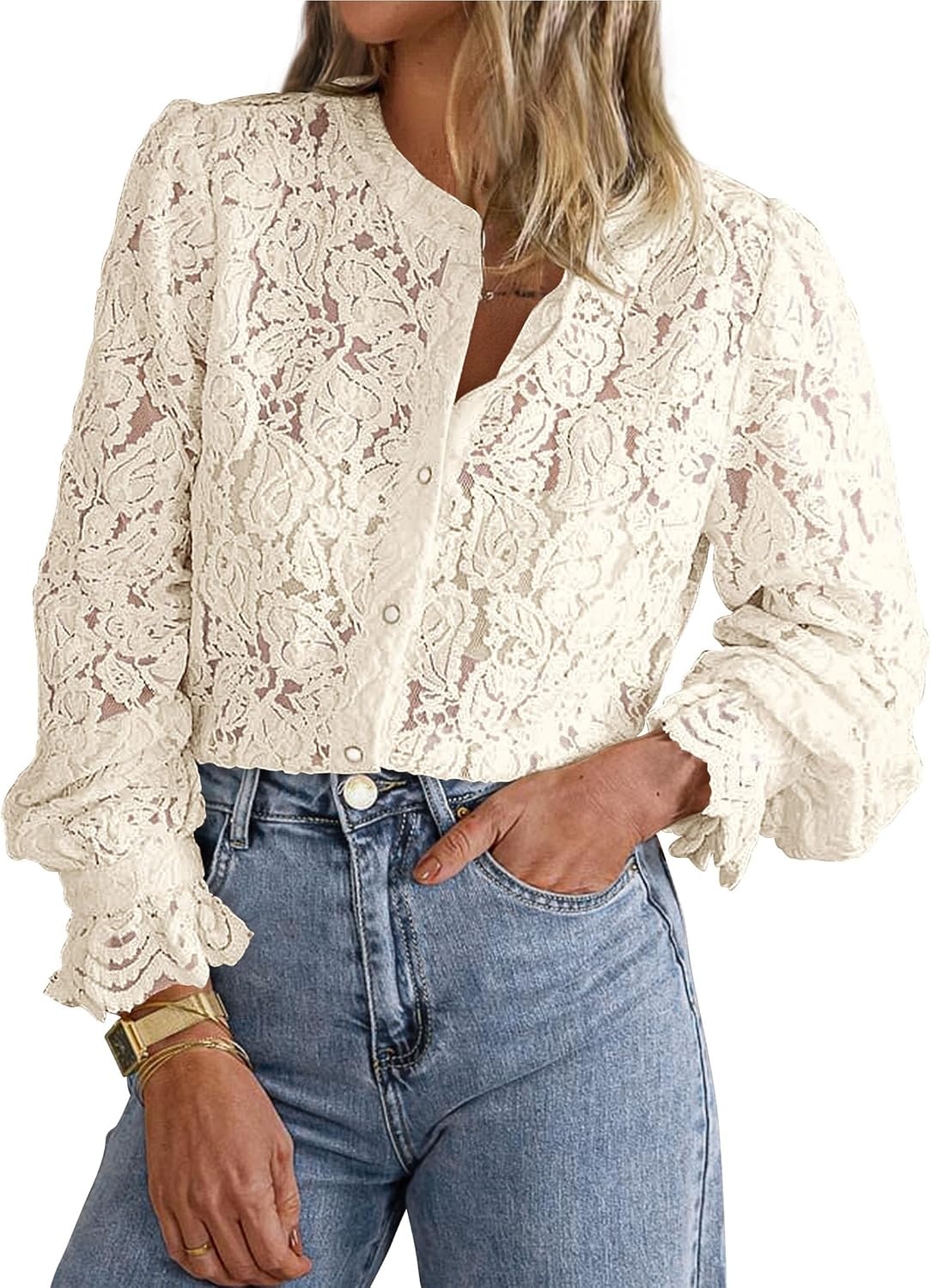 Women's Lace Button Down Blouse - Long Sleeves, Sheer Panels, Dressy Casual Top for Date Night and Travel - Small