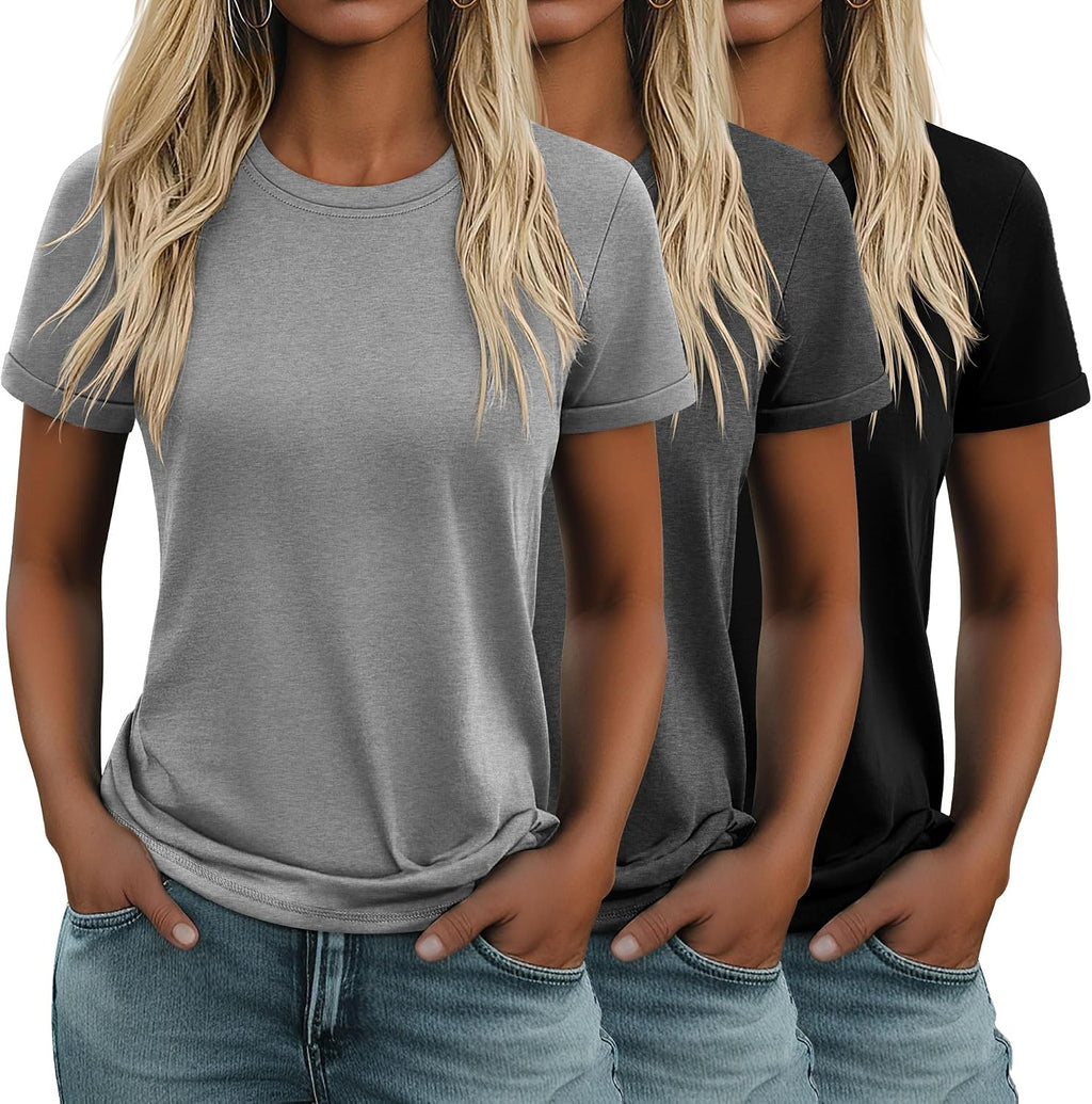 Women's Cotton Basic Tees 3 Pack - Crew Neck, Loose Fit Short Sleeve Tops for Daily and Gym Wear - Black, White, Gray (2