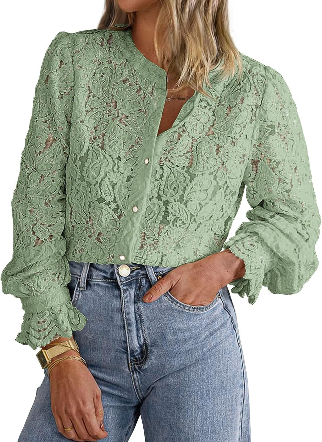 Women's Lace Button Down Blouse - Long Sleeves, Sheer Panels, Dressy Casual Top for Date Night and Travel - Medium