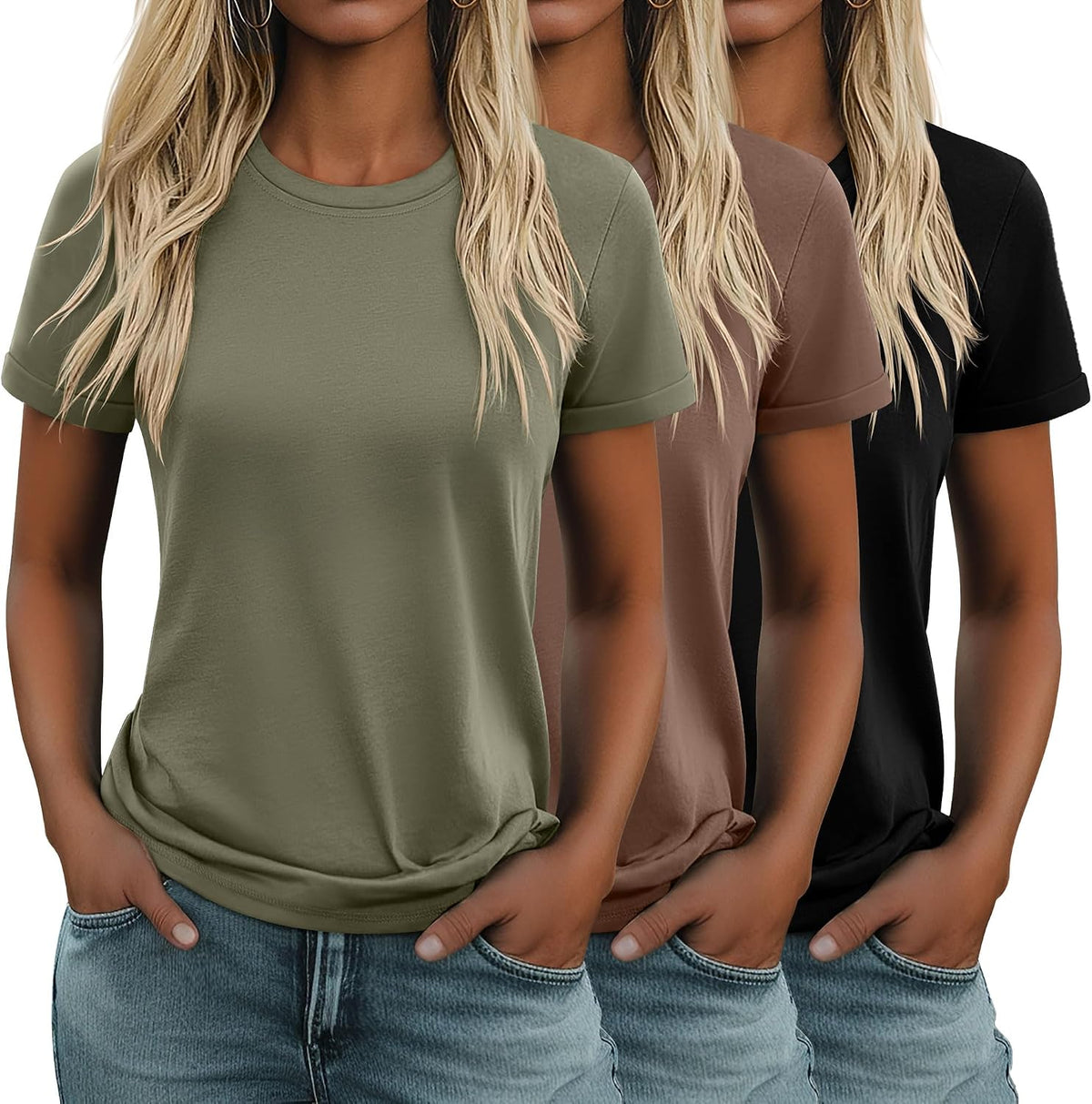 Women's Cotton Basic Tees 3 Pack - Crew Neck, Loose Fit Short Sleeve Tops for Daily and Gym Wear - Black, White, Light K
