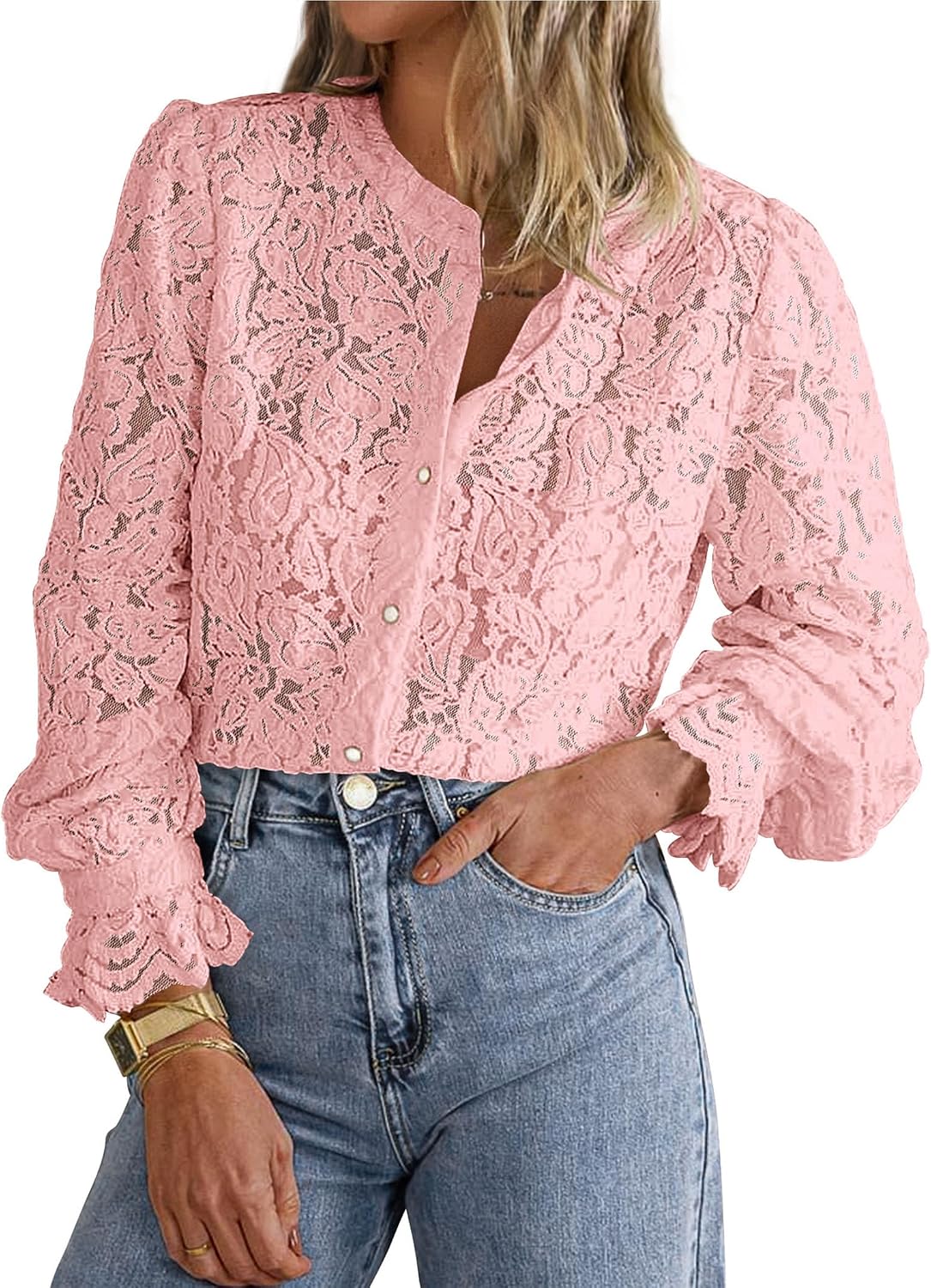 Women's Lace Button Down Blouse - Long Sleeves, Sheer Panels, Dressy Casual Top for Date Night and Travel - Small