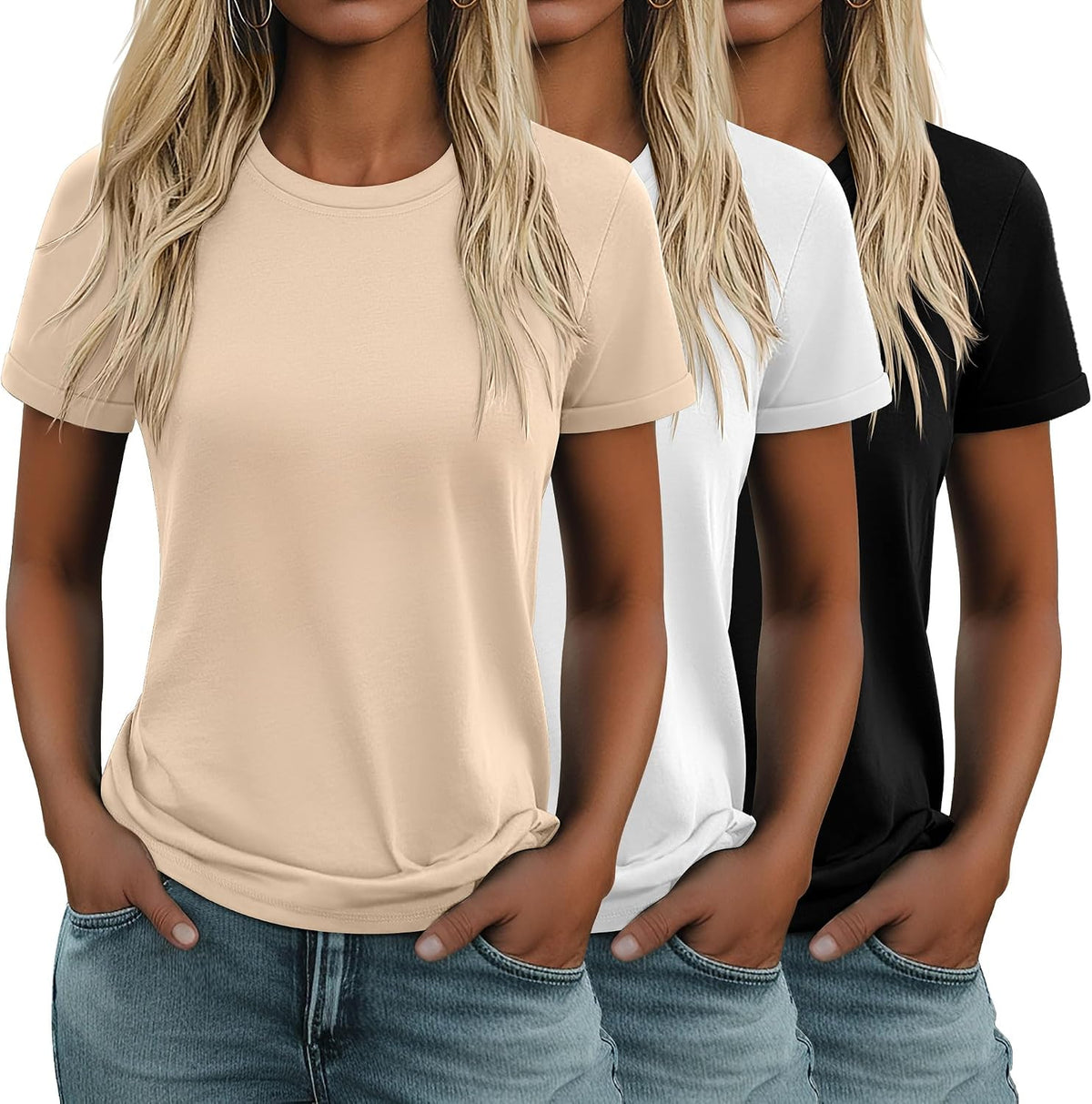 Women's Cotton Basic Tees 3 Pack - Crew Neck, Loose Fit Short Sleeve Tops for Daily and Gym Wear - Black, White, Haze Bl