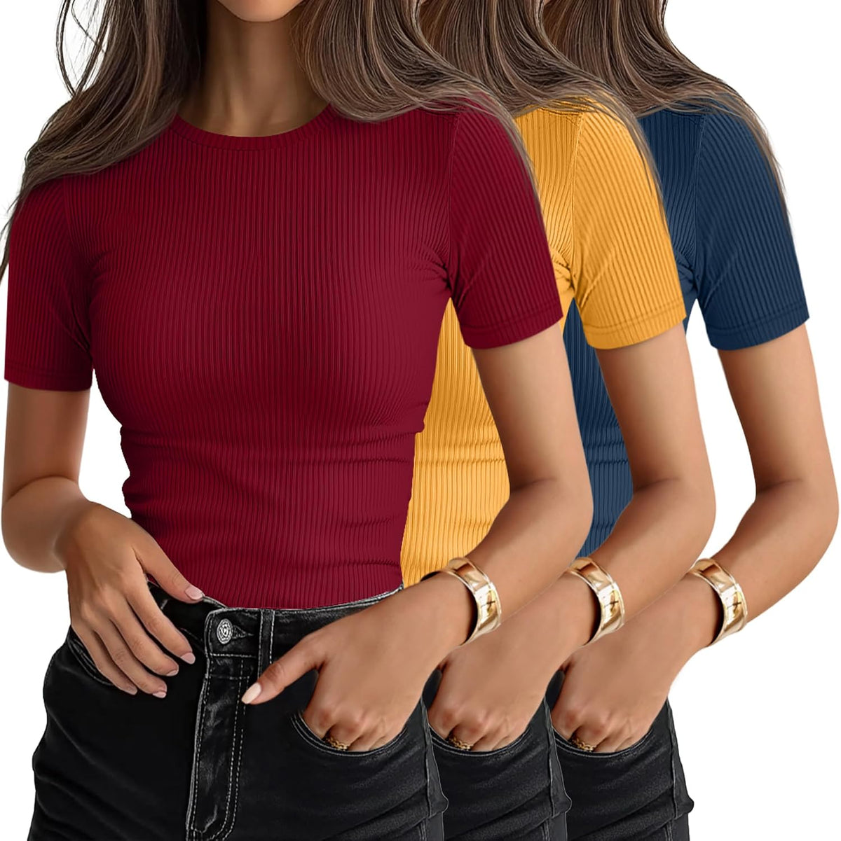 Women's Ribbed Cotton Tees 3 Pack - Crew Neck, Slim Fitted Short Sleeve Tops for Work and Weekends - Large